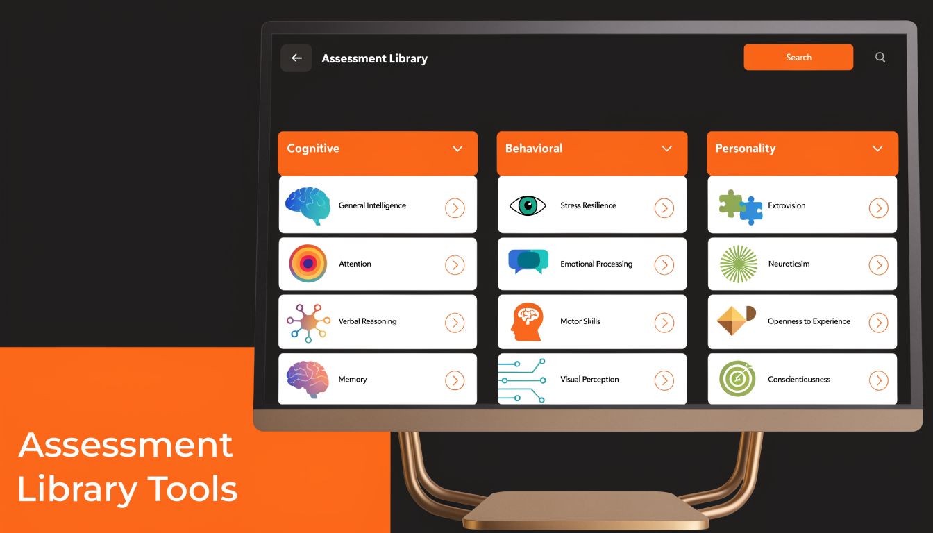 A digital screen displaying a Pearson Q Global assessment library with various cognitive, behavioral, and personality testing options.