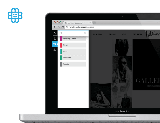 A MacBook Pro laptop displays a webpage titled “Interview Magazine” in its browser window. The URL bar shows www.interviewmagazine.com. Below the URL bar, a menu bar displays options including “Moving Coffee,” “News,” “Work,” “Favorites,” and “Sports.” A sidebar on the right lists “FASHION,” “MUSIC,” “ART,” and “CULTURE.” The laptop screen also shows a dark background with several images, including a person wearing sunglasses.