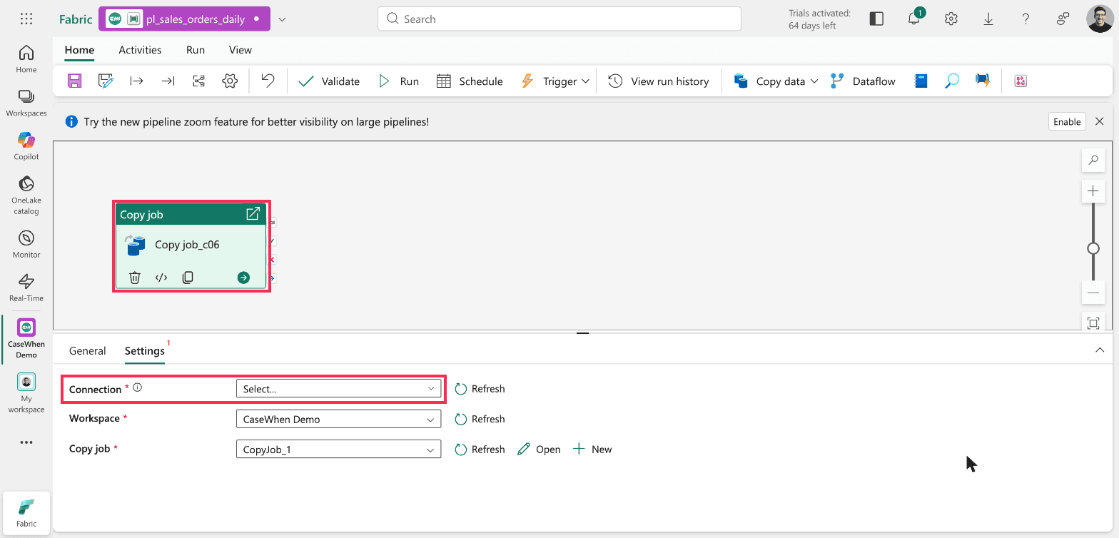 Pipeline canvas with a Copy job activity named Copy job_c06, and the Settings tab below showing an empty required Connection field and a red error marker