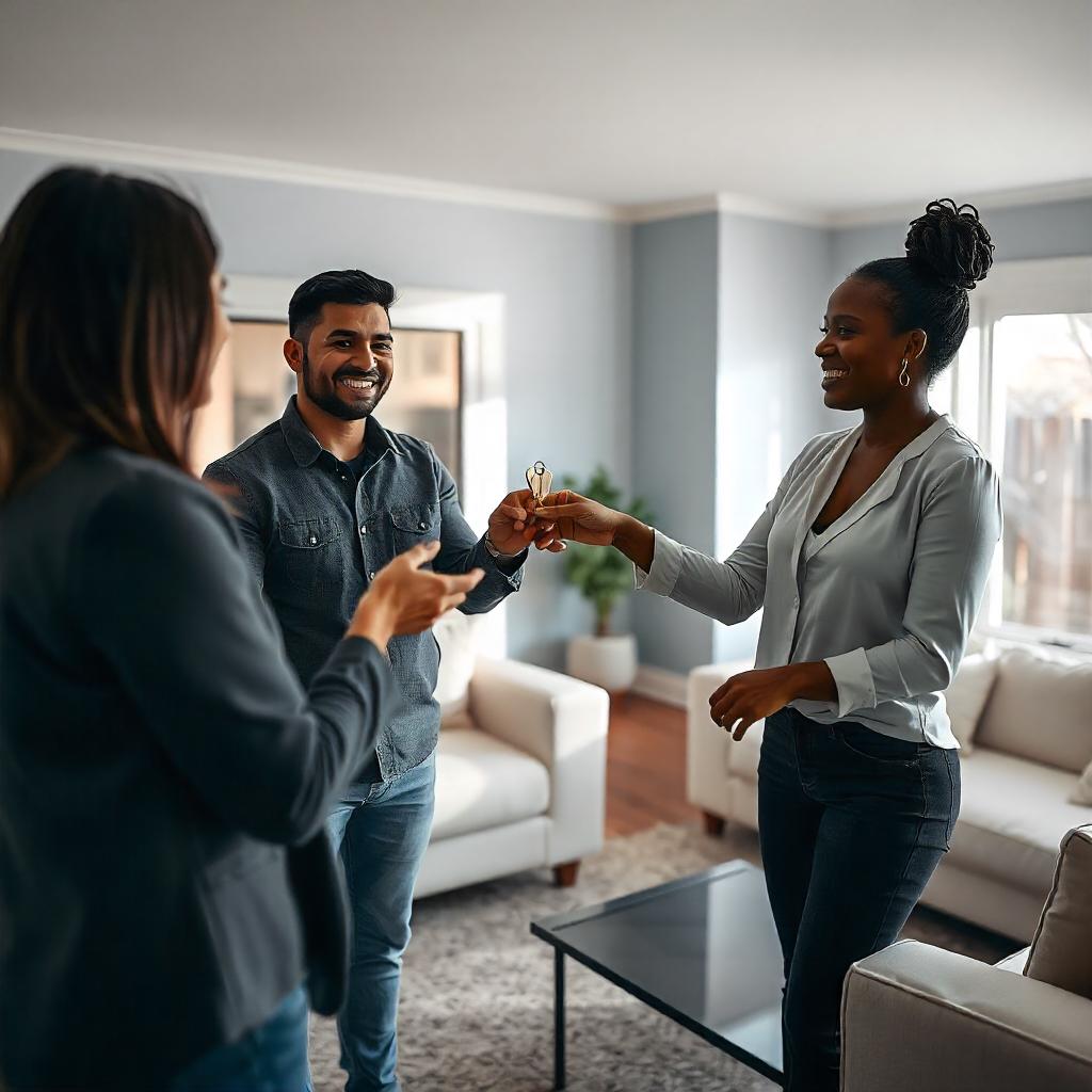 professional real estate agent handing over the keys to a house to a family