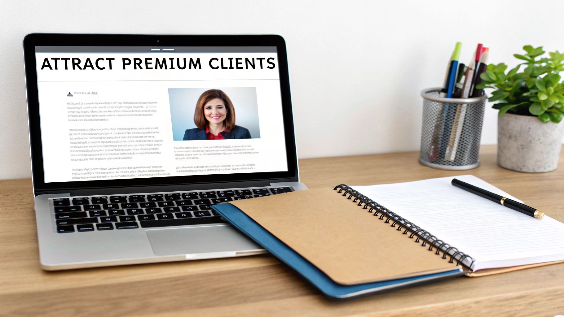 Laptop displaying 'ATTRACT PREMIUM CLIENTS' on a wooden desk with notebooks, pen, and plant.