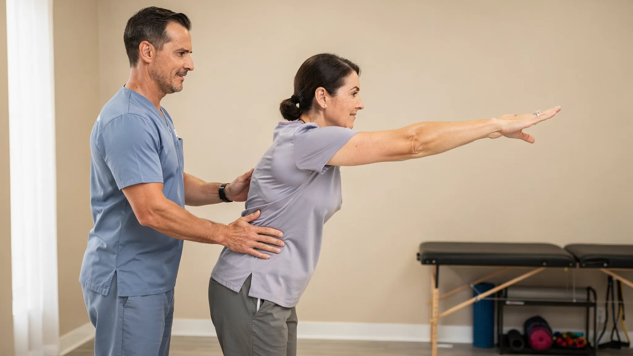 A clinician guiding a patient through a simple movement assessment in a calm treatment room, with a clear view of posture and alignment during a hip hinge and shoulder reach.