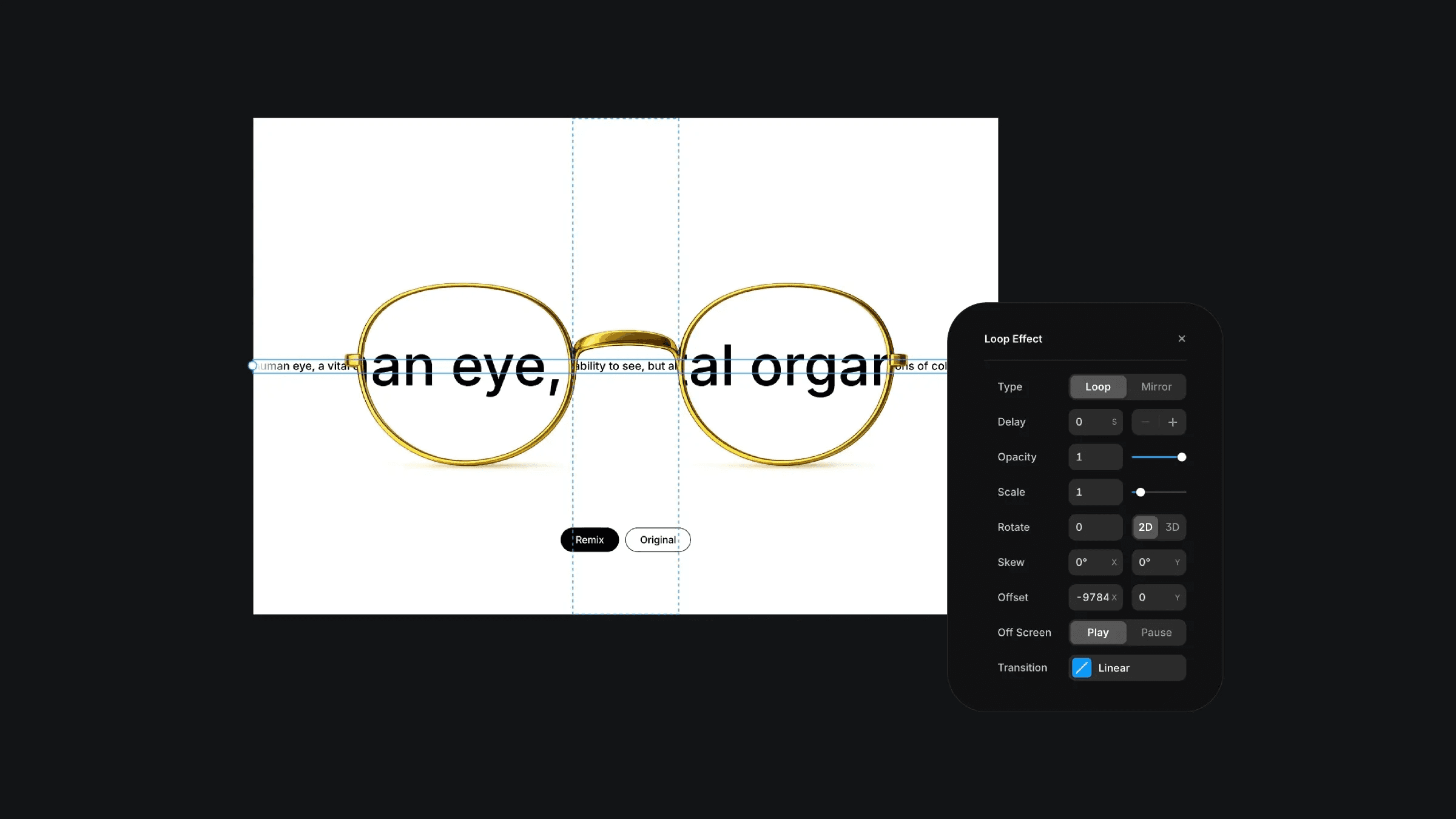 Eyeglasses with loop effect settings panel showing animation controls