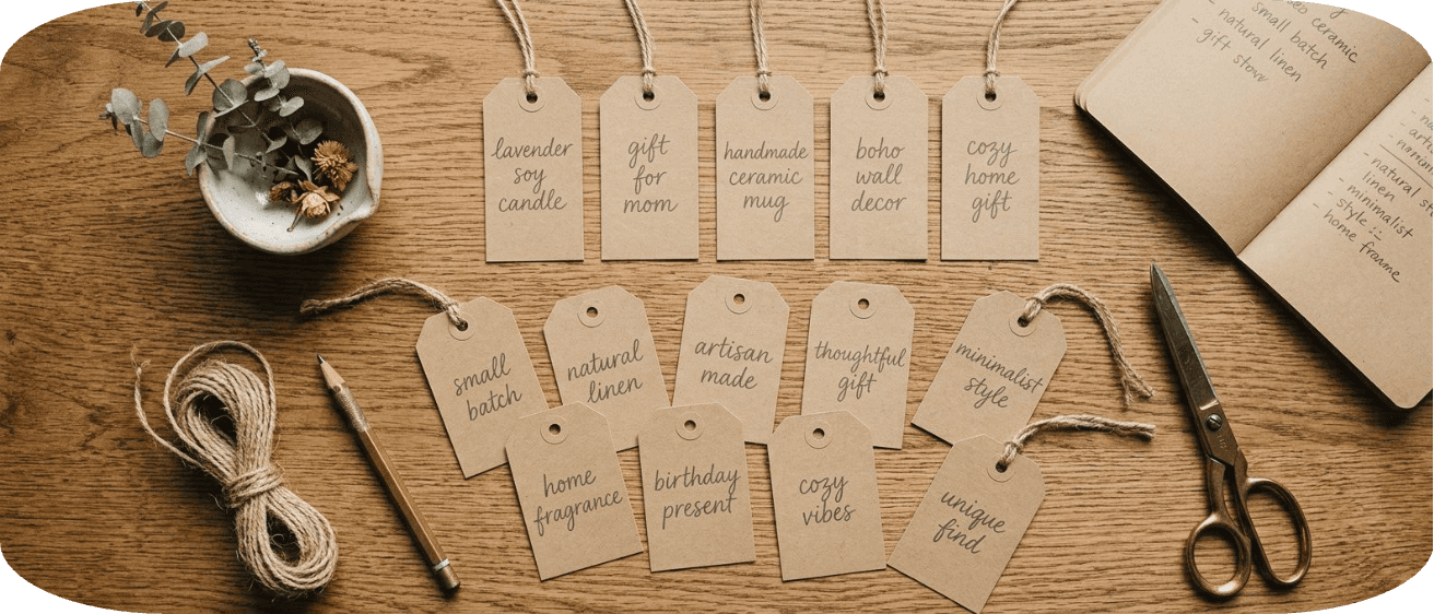 Overhead flat-lay of kraft-paper hang tags with handwritten keyword phrases, illustrating Etsy tags best practices brainstorm