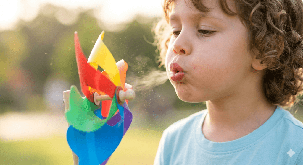 : A close-up, playful shot of a young child blowing bubbles or blowing on a colorful pinwheel. The focus is on the child's lips and breath control (oral motor skills). The background is softly blurred. The image should convey that speech and breath require physical coordination. Bright and optimistic aesthetic.