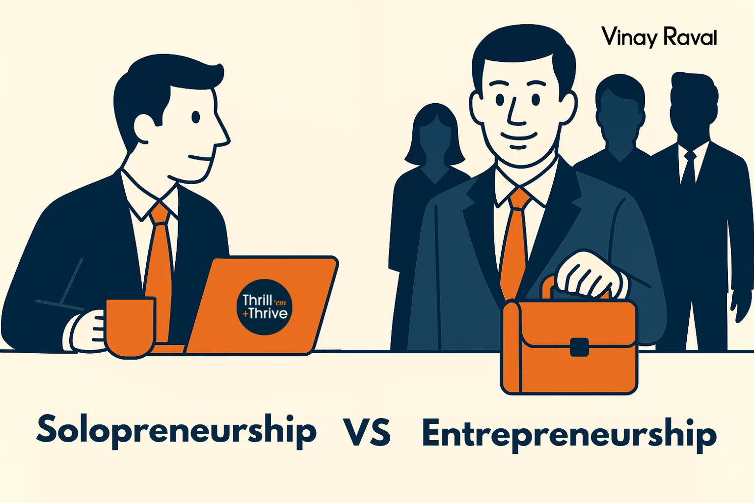 solopreneurship-vs-entrepreneurship-illustration-showing-a-man-working-alone-at-a-laptop-and-another-man-with-a-briefcase-standing-beside-a-team-in-the-background