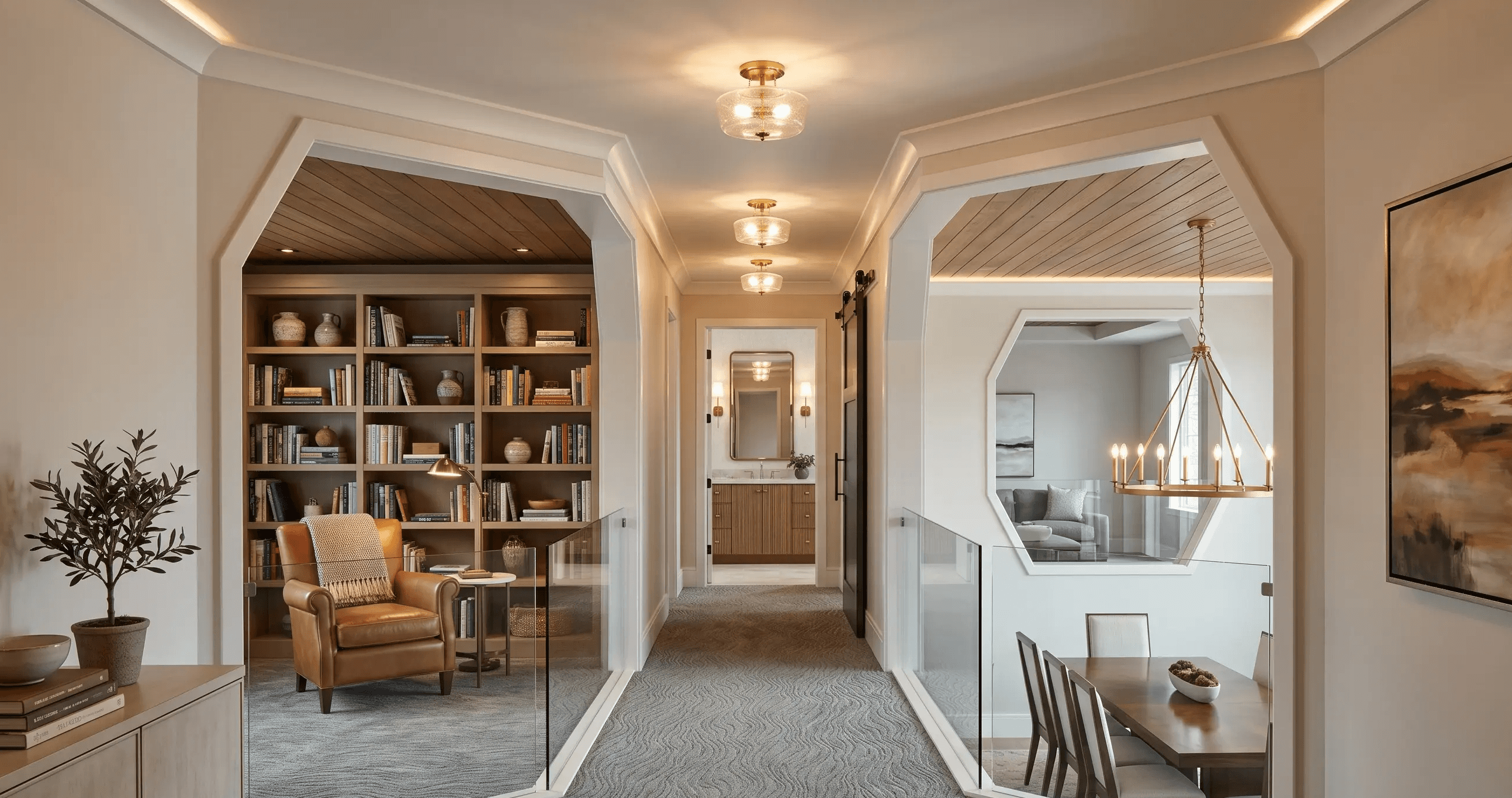 A wide-angle shot of a luxurious, modern home hallway on an upper level with textured grey patterned carpeting. The hallway is characterized by unique, large angular geometric archways lined with frameless glass railings that open up into rooms on both sides. On the left, an archway reveals a cozy reading nook with a wood-paneled ceiling, a wall-length built-in wooden bookshelf filled with books, and a brown leather armchair with a throw blanket. On the right, another geometric archway overlooks a dining area featuring a dark wood table and a prominent gold wagon-wheel chandelier. A large abstract painting in warm earth tones hangs on the right wall. The hallway is illuminated by three matching glass bowl ceiling fixtures and soft cove lighting, leading the eye down the corridor toward a bathroom vanity at the far end.