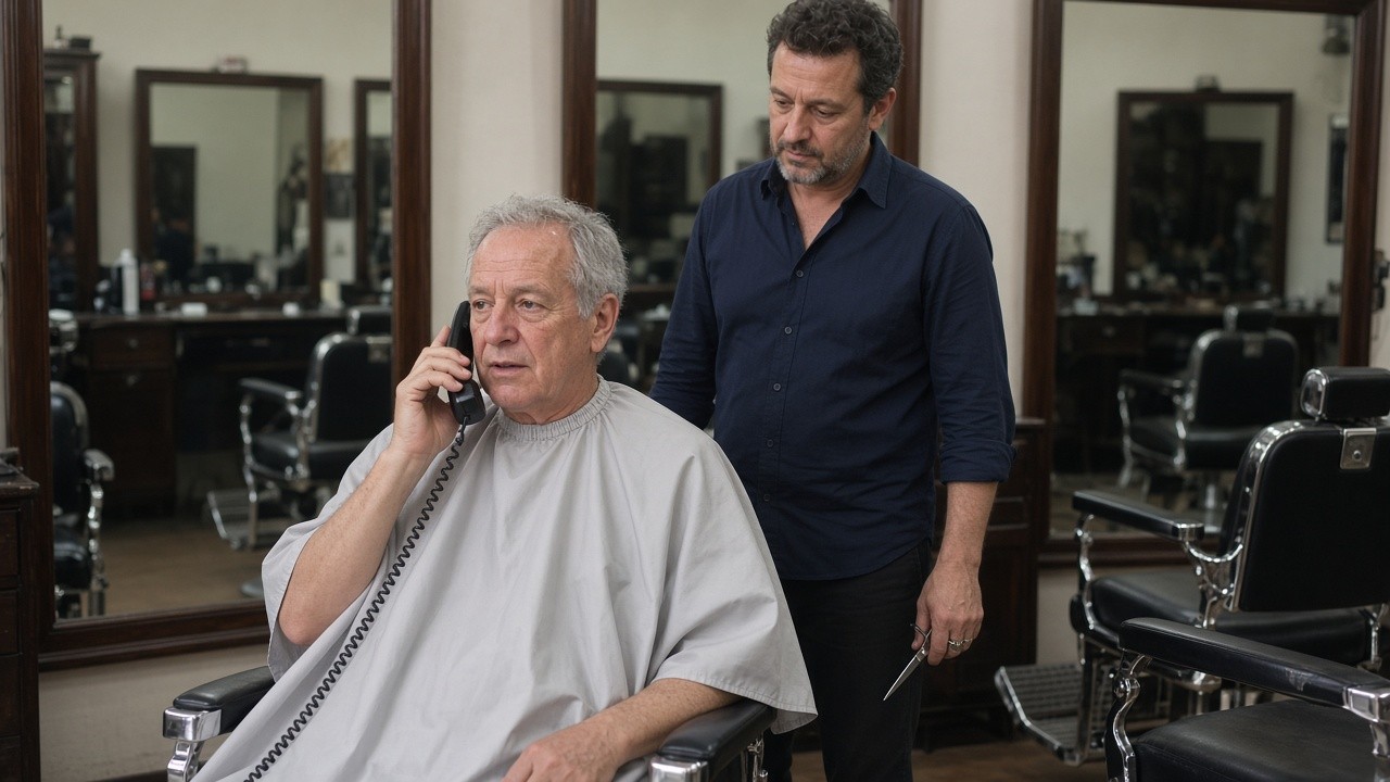 The image shows an elderly man seated in a barber chair, covered with a haircut cape, talking on a corded telephone in a traditional barbershop setting. A barber stands next to him holding scissors, attentively looking at the man on the phone. The barbershop interior includes multiple mirrors and empty barber chairs visible in the background. This scene could be used to illustrate communication or cognitive engagement activities for elderly individuals in daily routine environments.