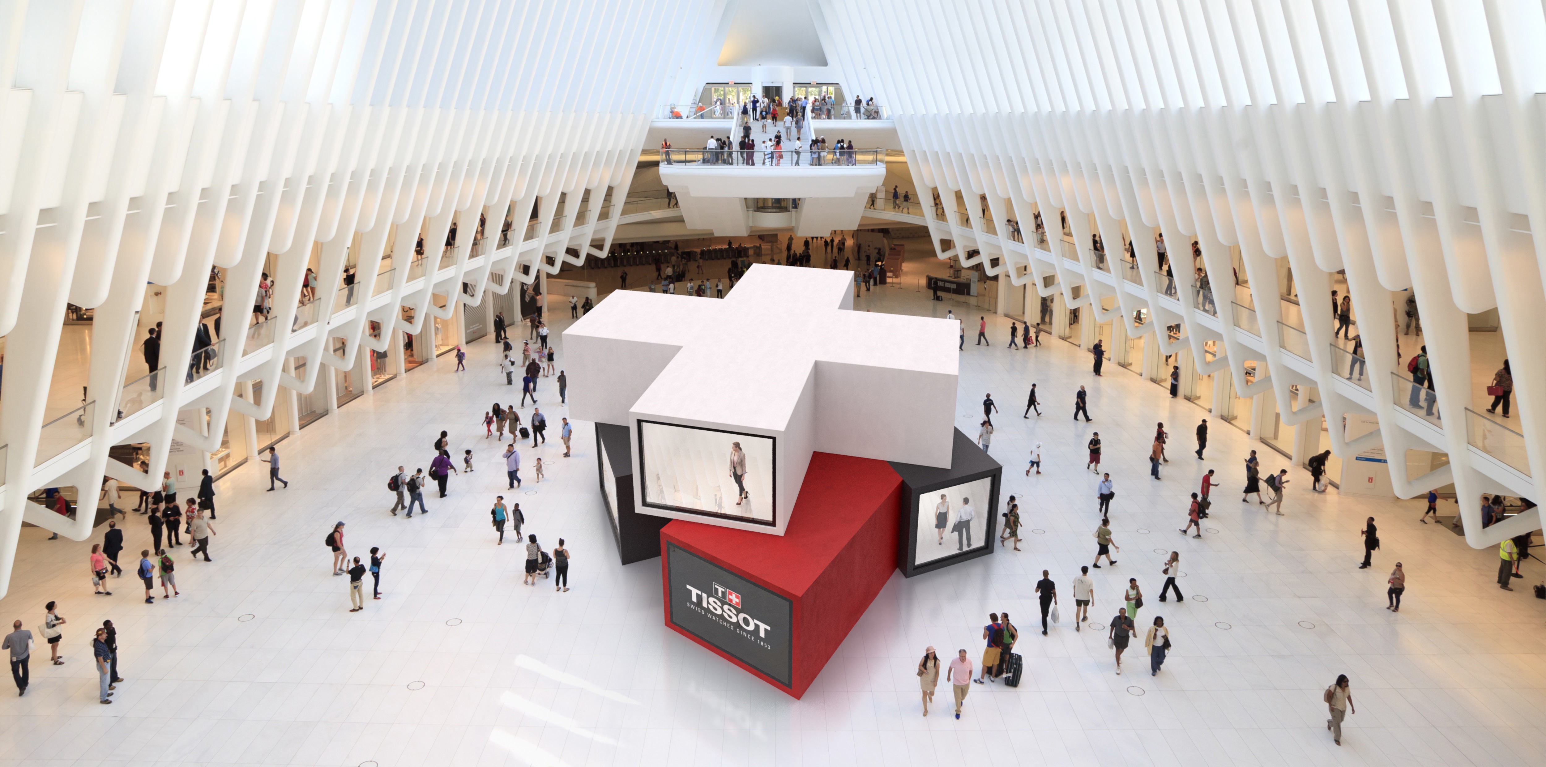 Exerior and panoramic view of the TISSOT watch manufacture exhibition retail concept