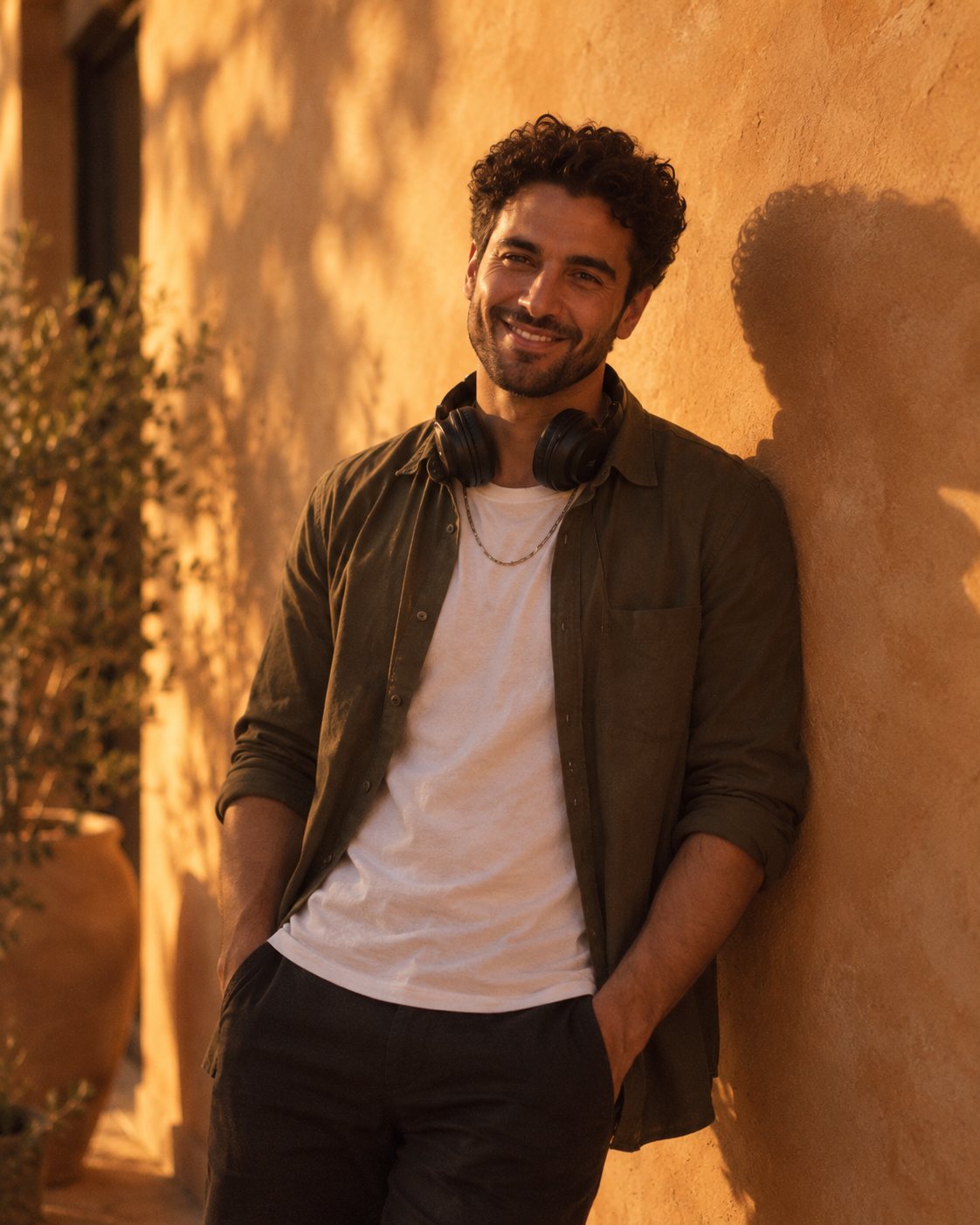 Nico Arden smiling against a warm plaster wall at golden hour