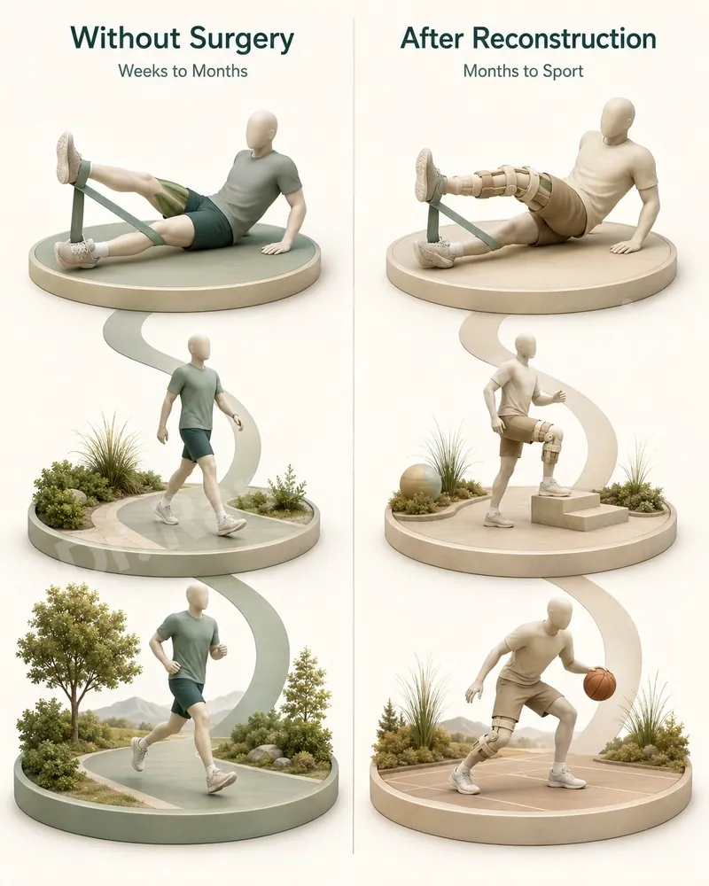 PCL recovery is quad-focused: a structured programme without surgery, or a slower braced path after reconstruction.