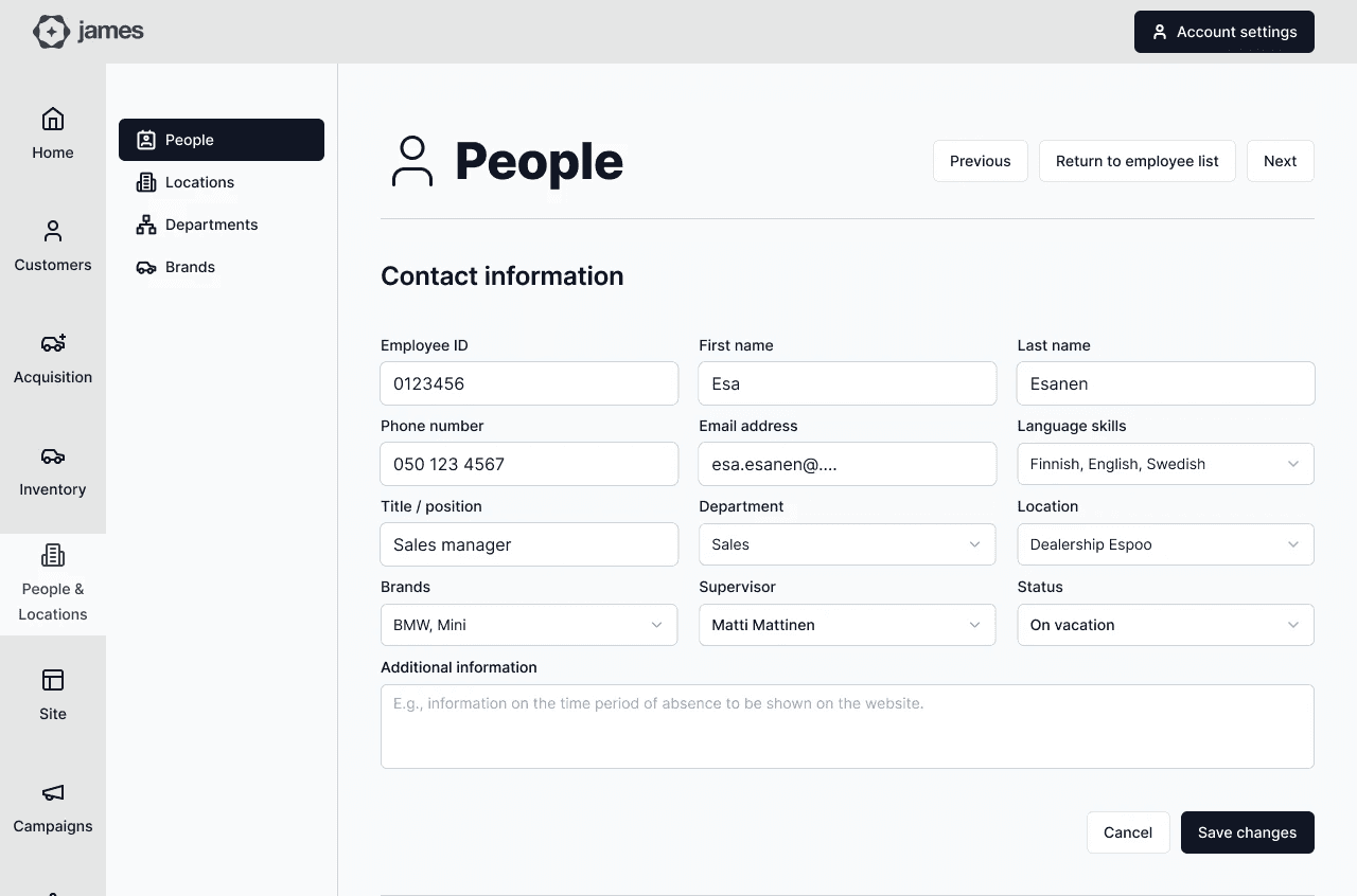 Yksittäisen henkilön tietojen näkymä