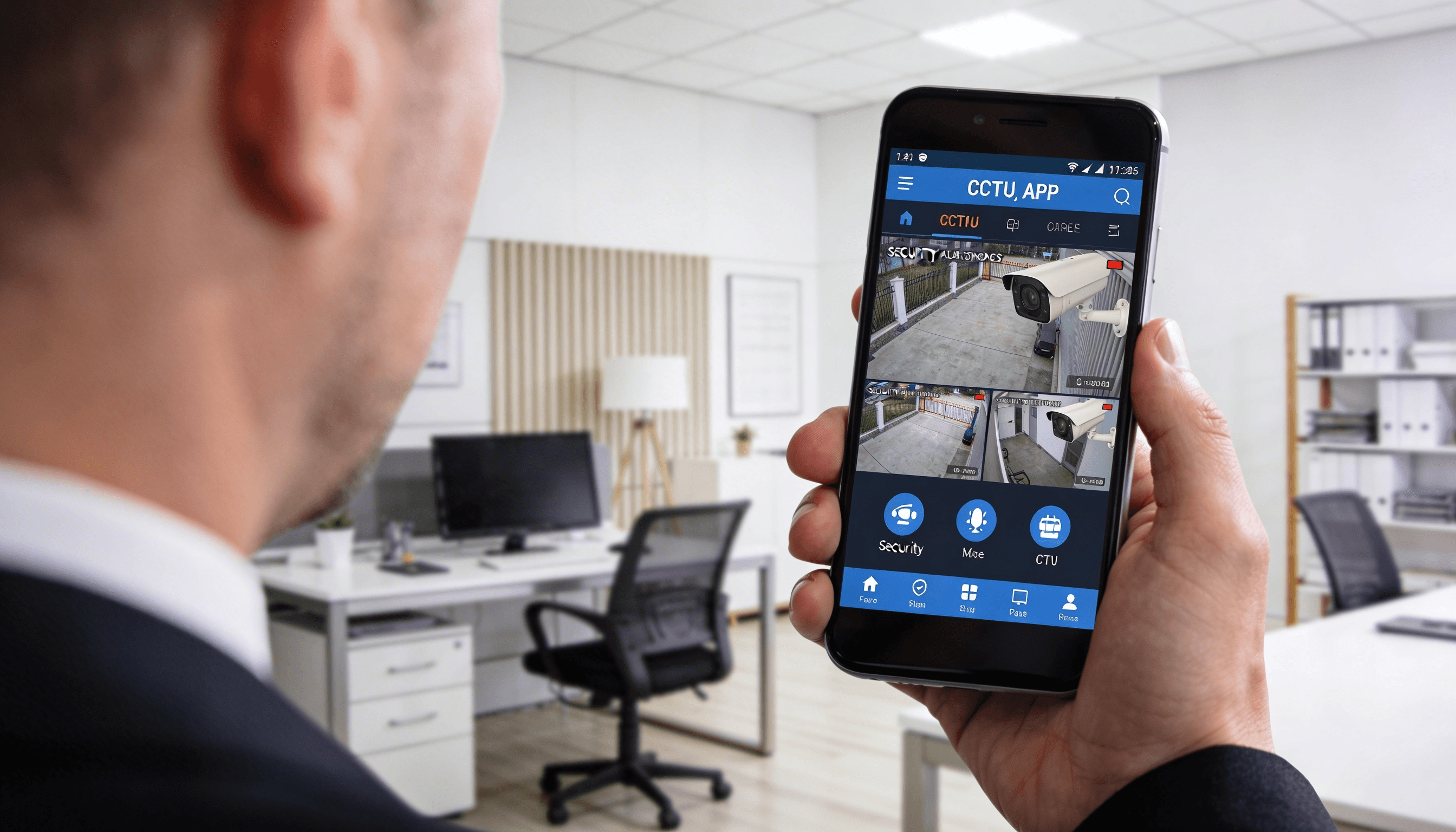 Propietario revisando sistema de videovigilancia desde aplicación móvil con acceso remoto seguro en Ciudad de México.