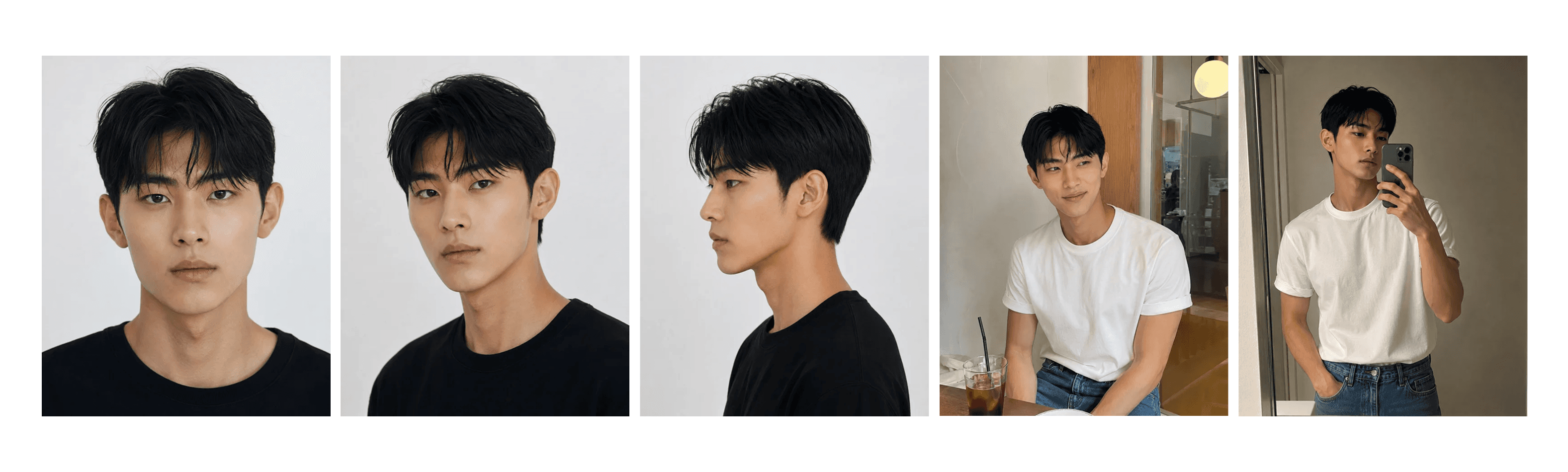 Character reference sheet showing the same man from several angles and in different scenes.