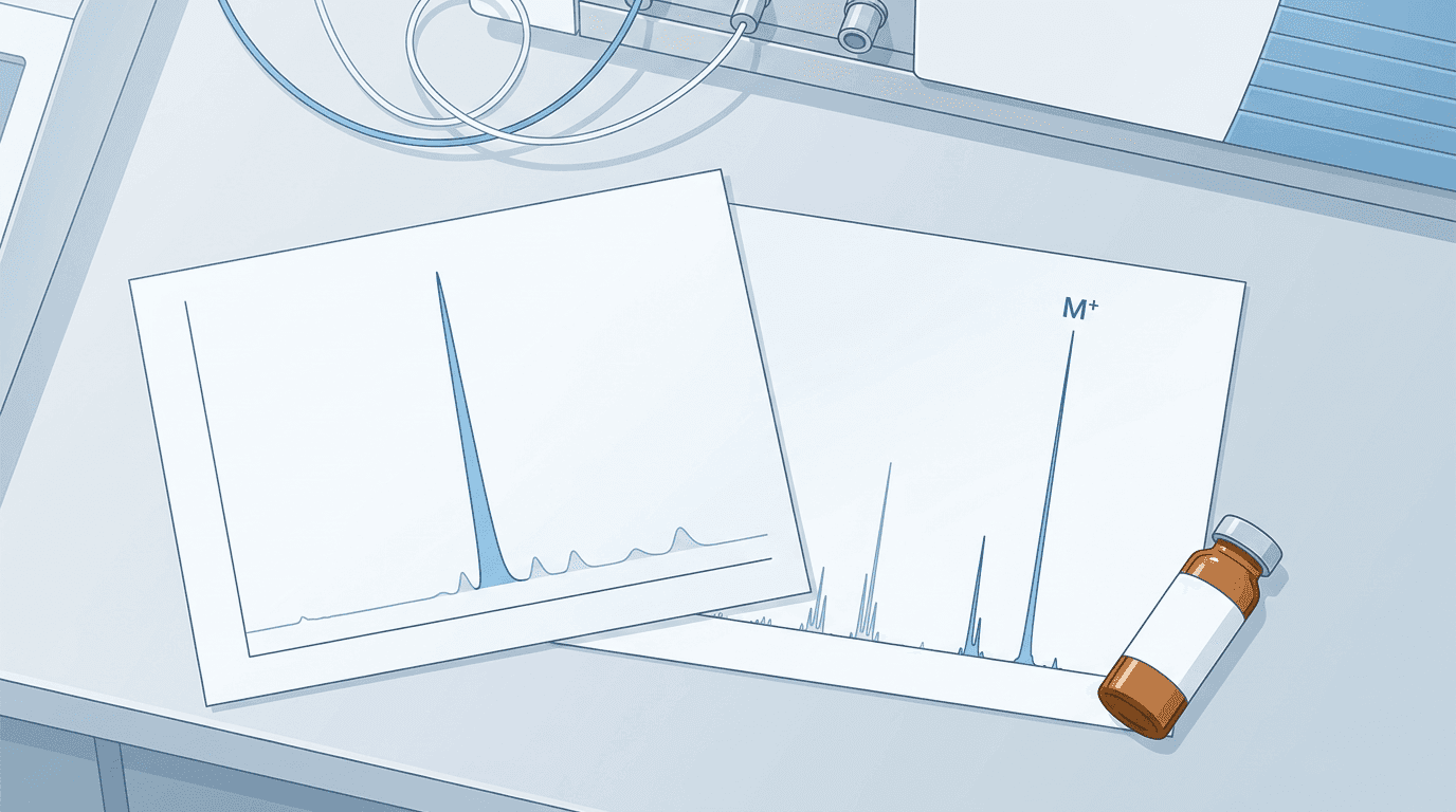 Illustration of HPLC and mass spectrometry chromatogram readouts beside a research peptide vial in a laboratory analysis setting