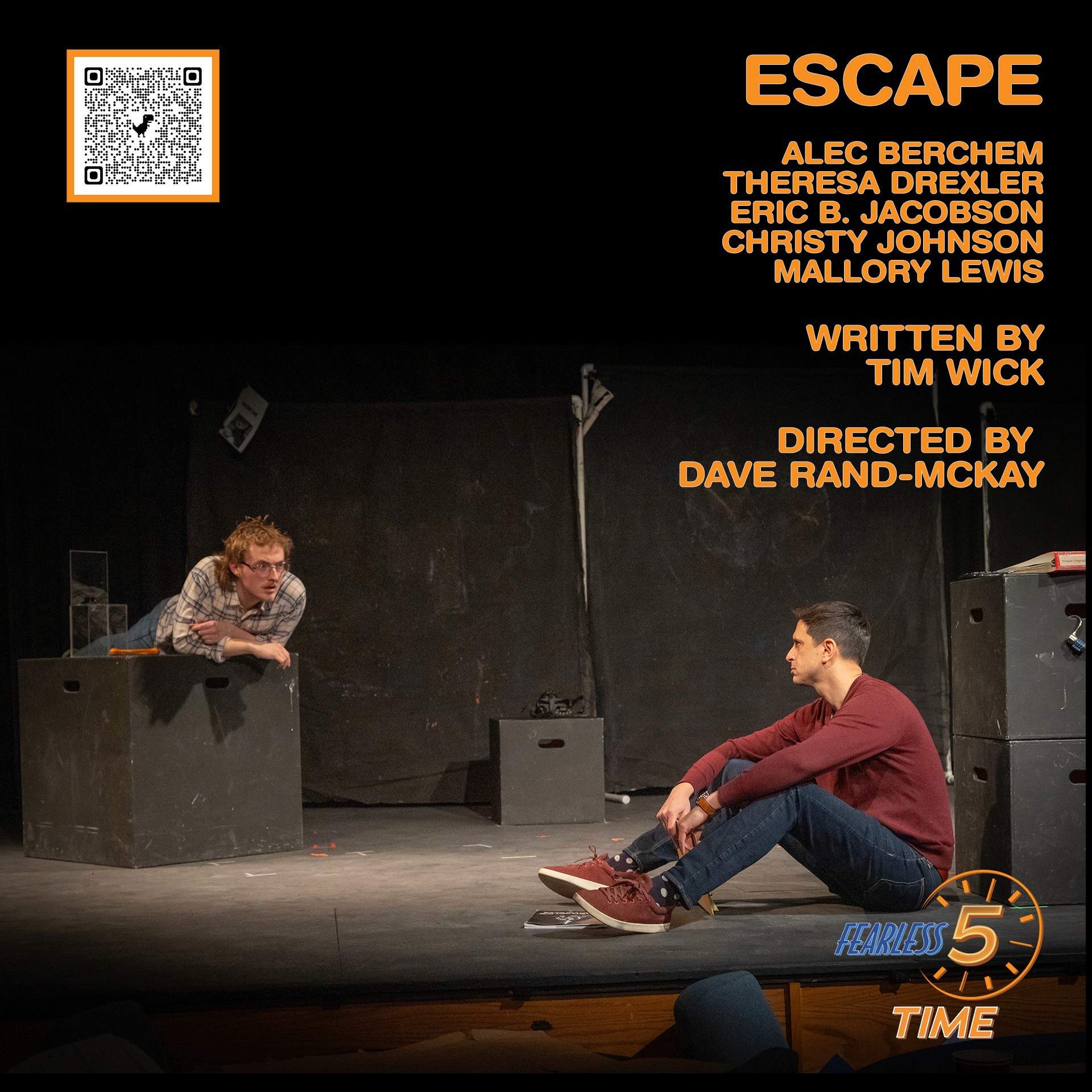 Promotional theater graphic titled Escape, showing two actors sitting and talking on a dark stage.