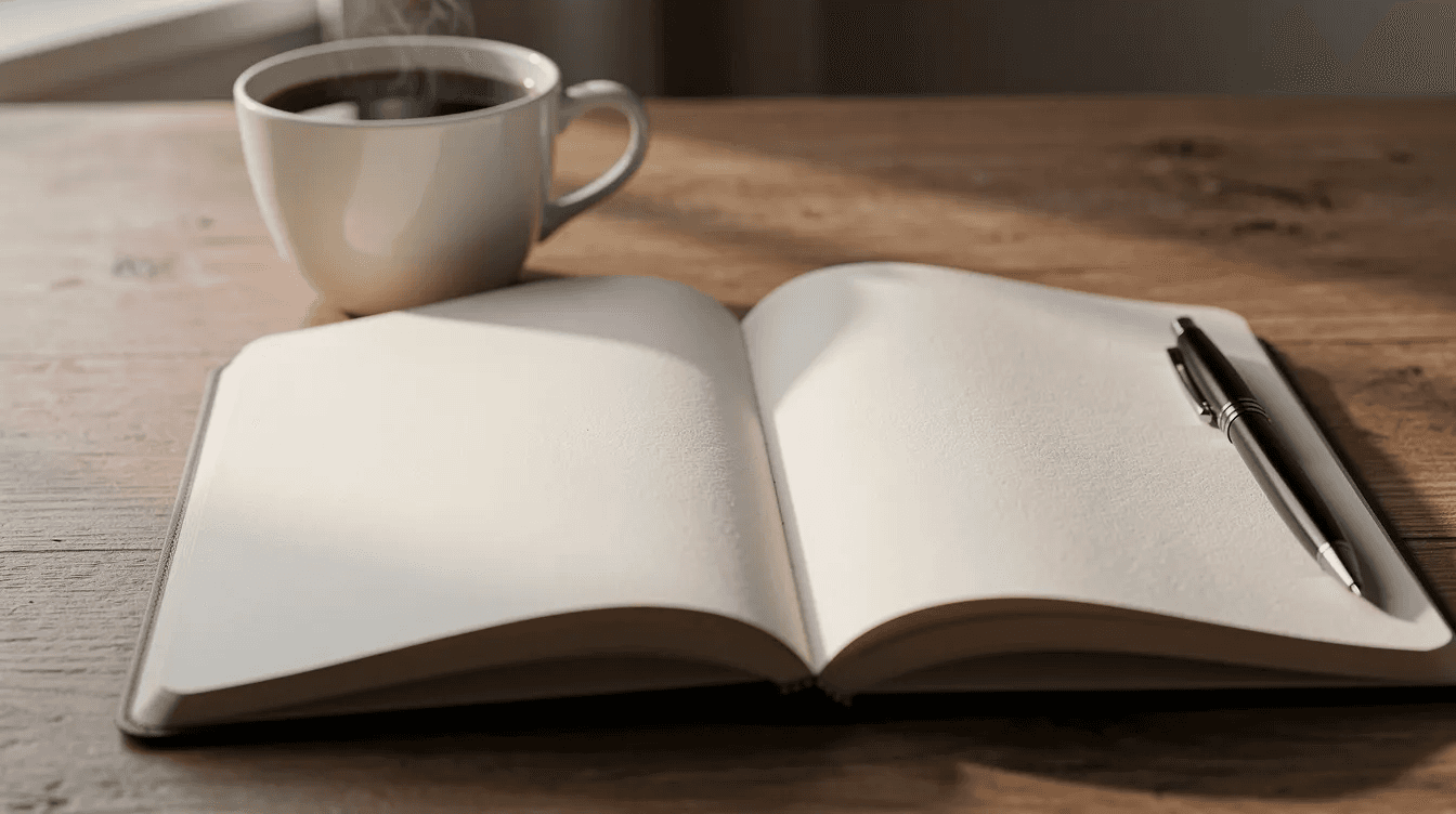 An open journal sits on a wooden desk, accompanied by a pen and a steaming cup of coffee, inviting reflection on the emotional aspects of inheriting wealth and the feelings of guilt that often accompany financial gain. This scene symbolizes the process of navigating one's thoughts and decisions after a loved one's life, as one contemplates the legacy and future that inheritance affords.