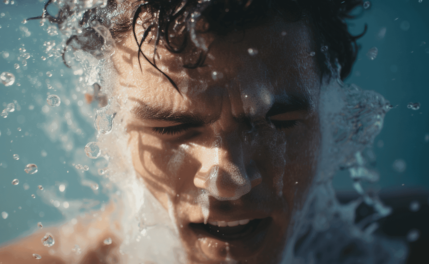 A man splashes water on his face, refreshing himself in a bright outdoor setting.