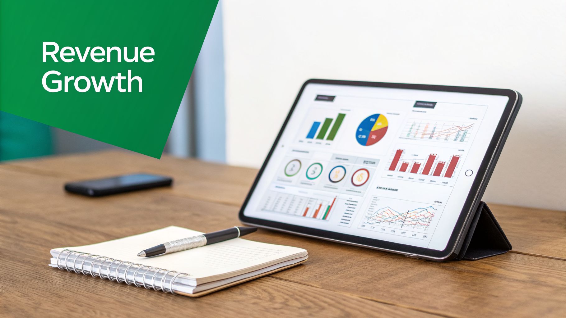 Tablet displaying 'Revenue Growth' charts and financial data on a wooden desk.