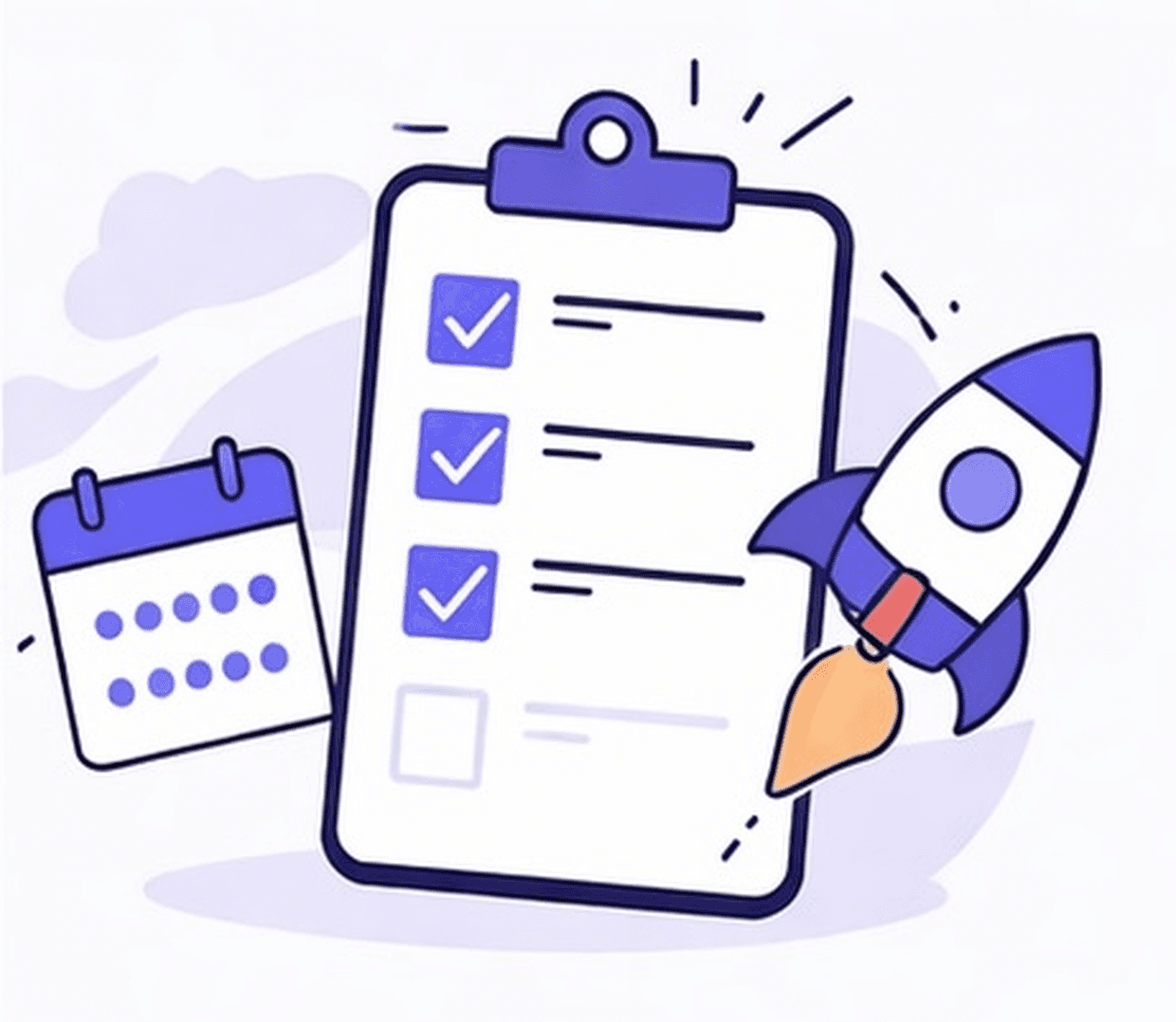 Illustration of a 30-day checklist for launching a multi-vendor marketplace on Shopify, with checked items and a calendar icon