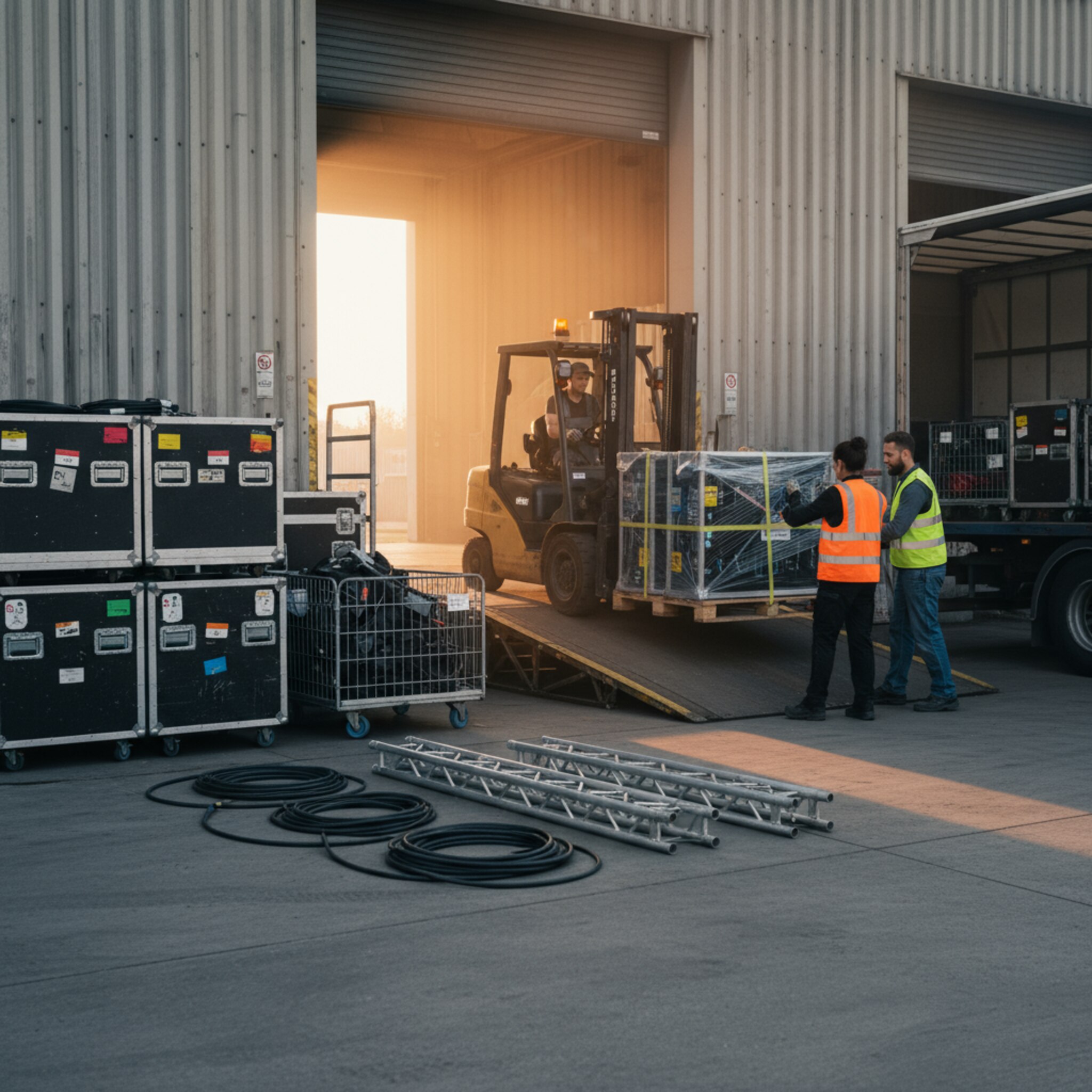 Vor einer Lagerhalle stehen gestapelte Flightcases mit farbigen Labels, ein Gabelstapler setzt eine Palette mit LED-Modulen ab. Zwischen Rollcontainern liegen sauber gebündelte Kabel und Rohre für Traversensysteme. Frühlicht fällt durch das Tor, Staubpartikel schweben. Es ist der Moment vor der Abfahrt zur Messe.
