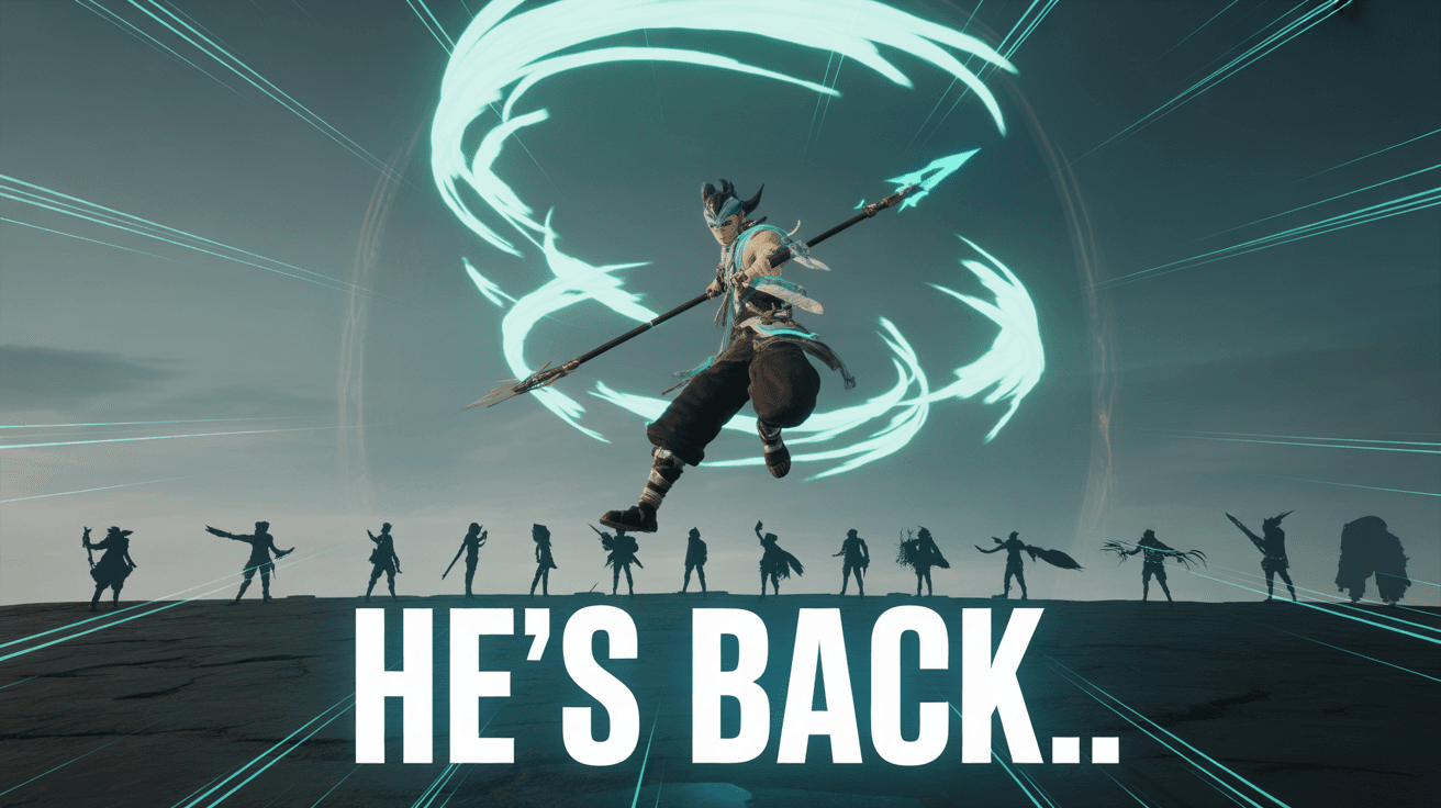 Xiao mid-air with teal Anemo burst above enemy silhouettes and He's Back text in a dark sky