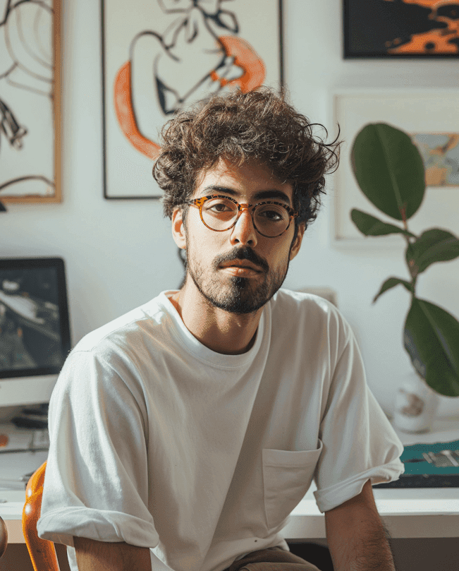 A man with glasses is working at a desk, surrounded by papers and a computer.