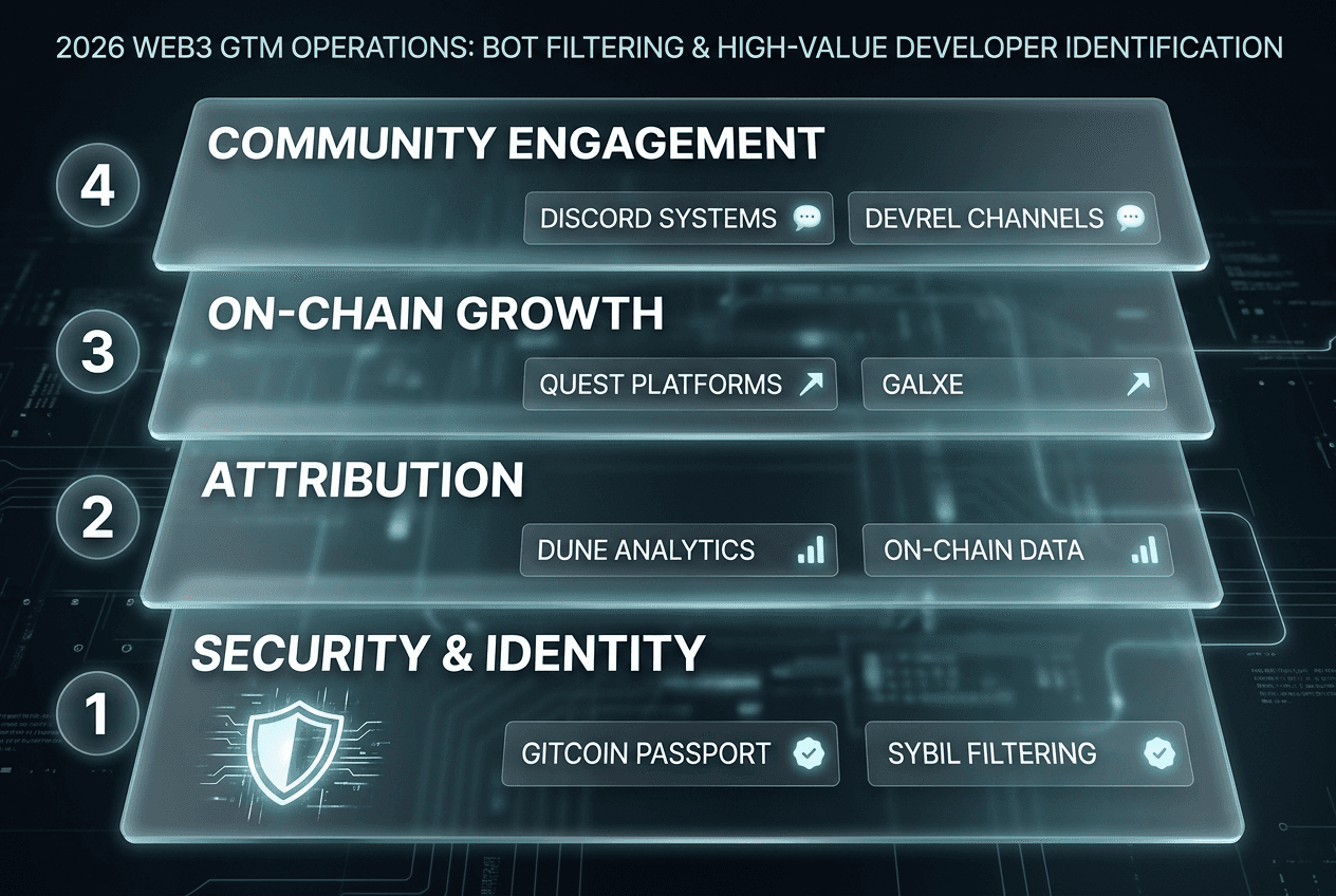 A four-layer technical stack for Web3 GTM including security, attribution, on-chain growth, and community engagement tools.