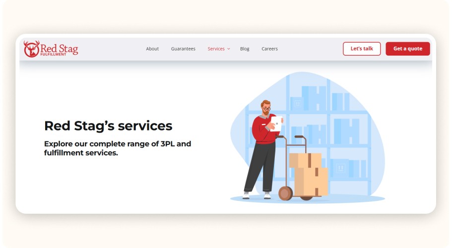 Red Stag services page showing warehouse worker with packages