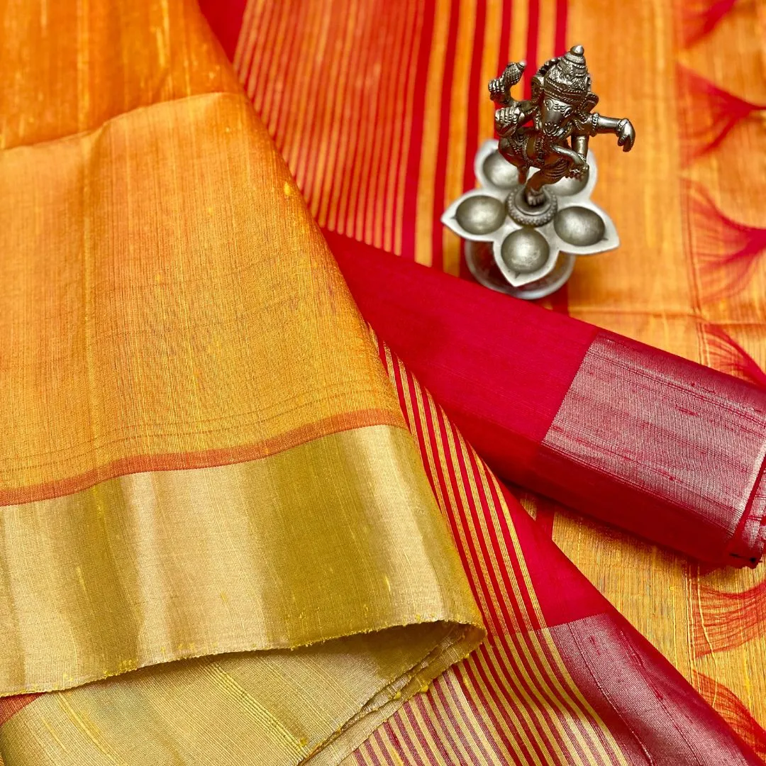 Gold Yellow Red Silk Cotton Saree