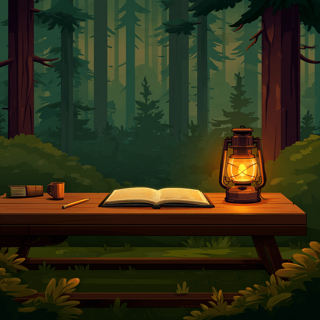 Book open on table in forest