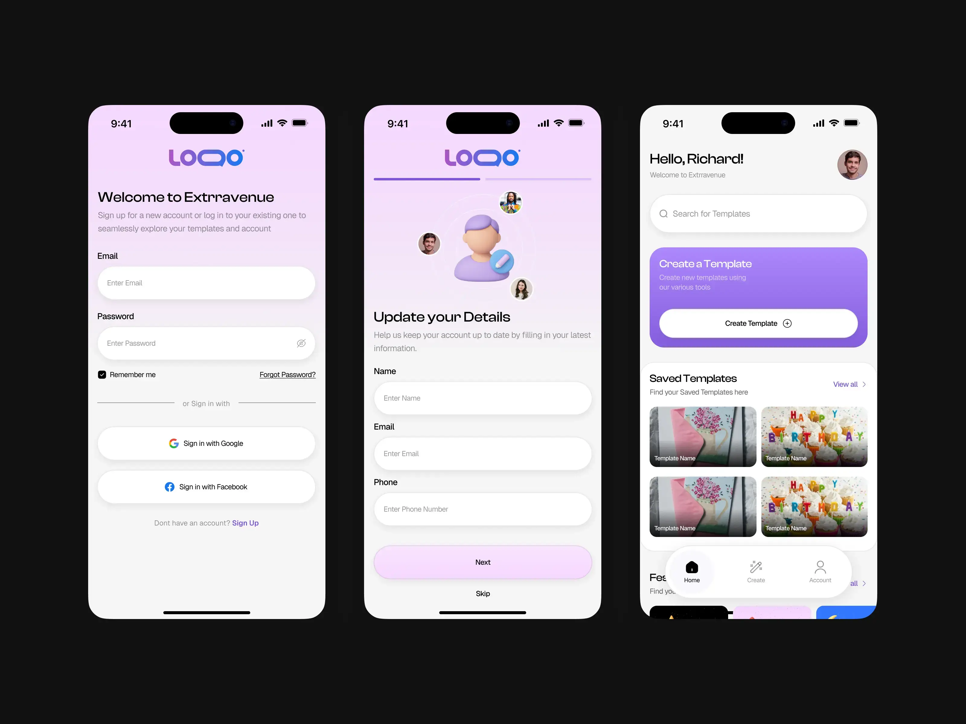 Three screenshots showing the signup, profile update, and saved templates screens of the Extremus app.