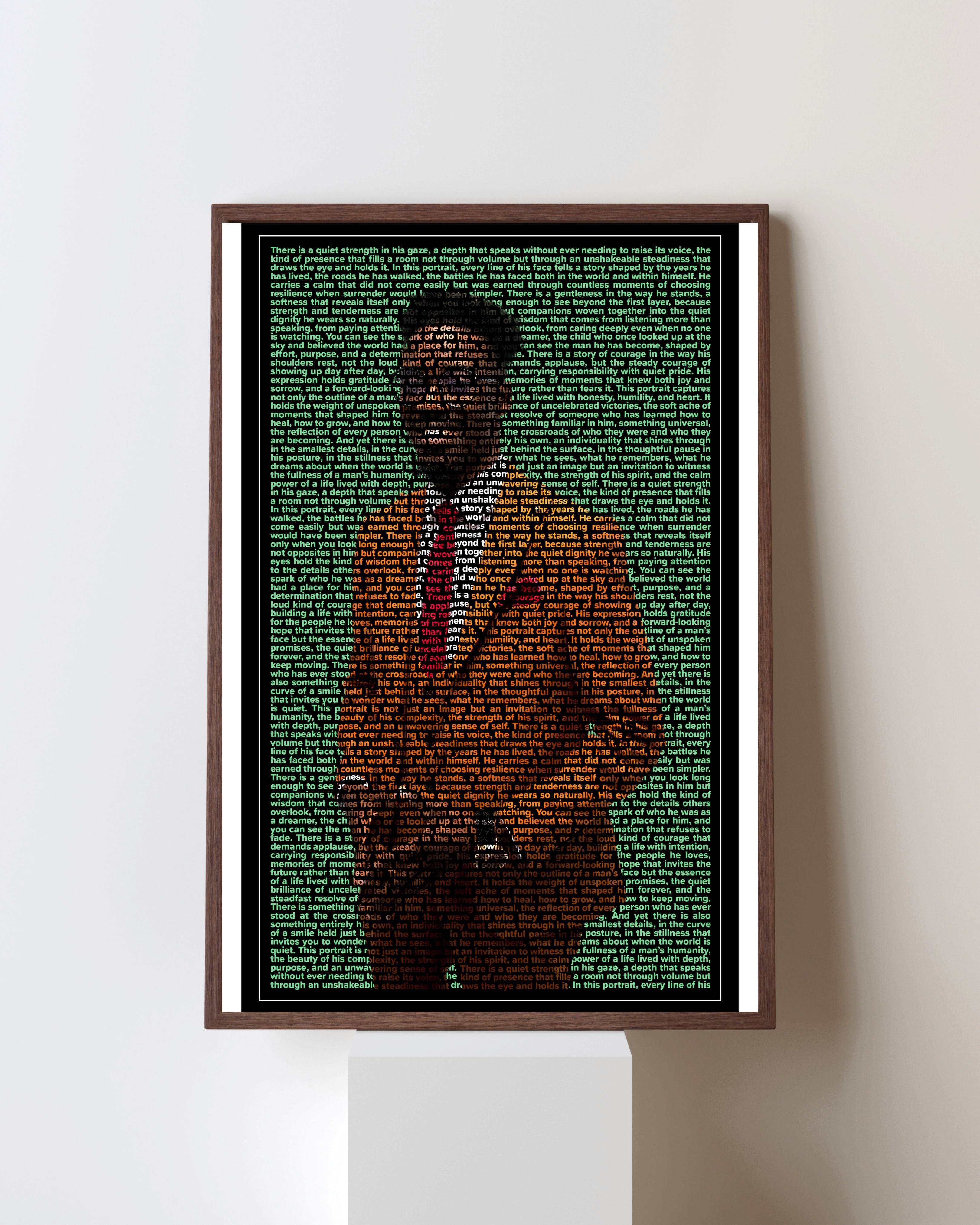 Personalized text portrait of a man in a mustard suit created using motivational tribute words, designed by U-Go Experience. Modern typographic artwork celebrating confidence, ambition, and personal growth.