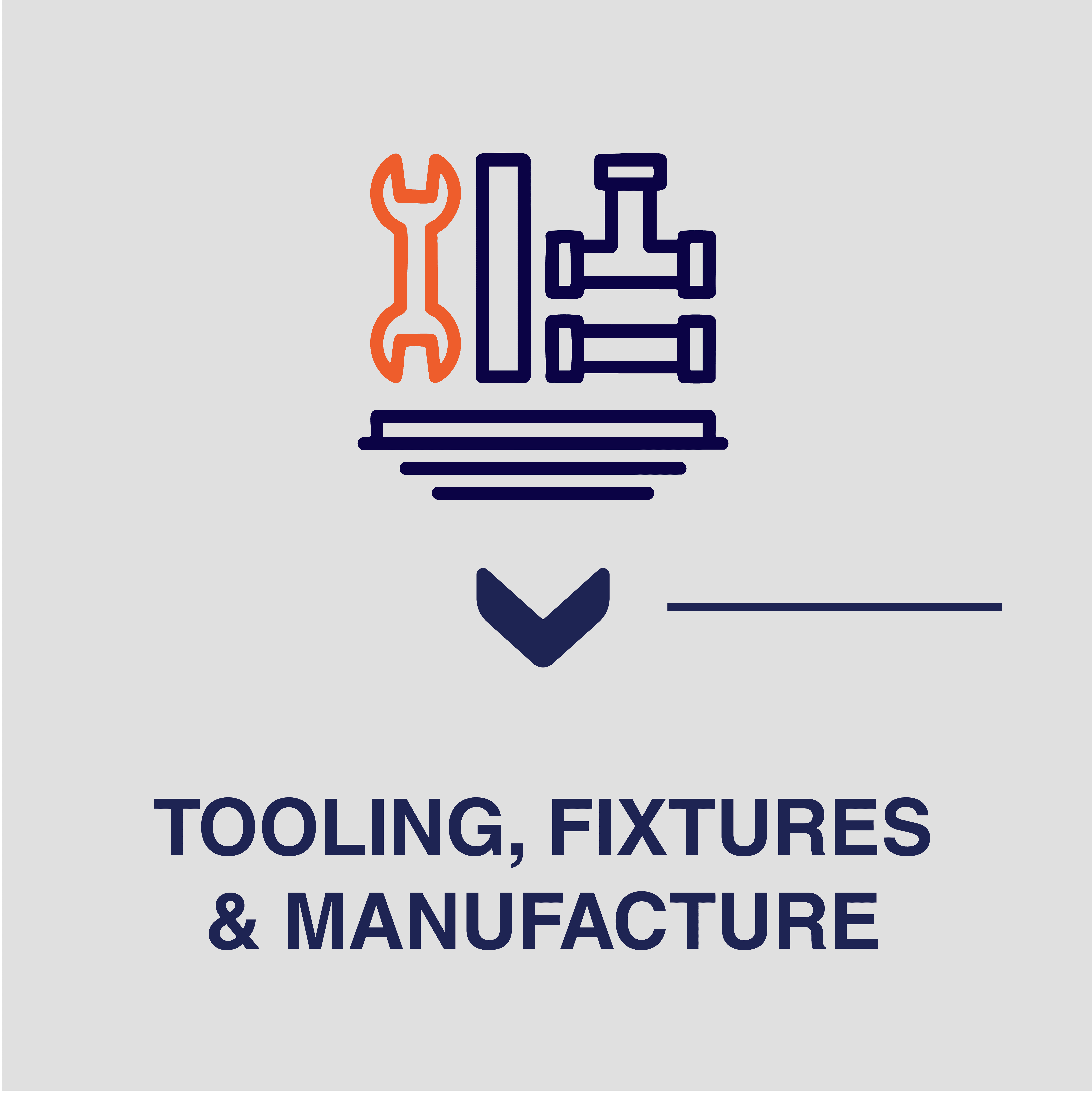 icon of blue and orange construction tools like a wrench on a white background with bluen text that says tooling, fixtures & manufacture