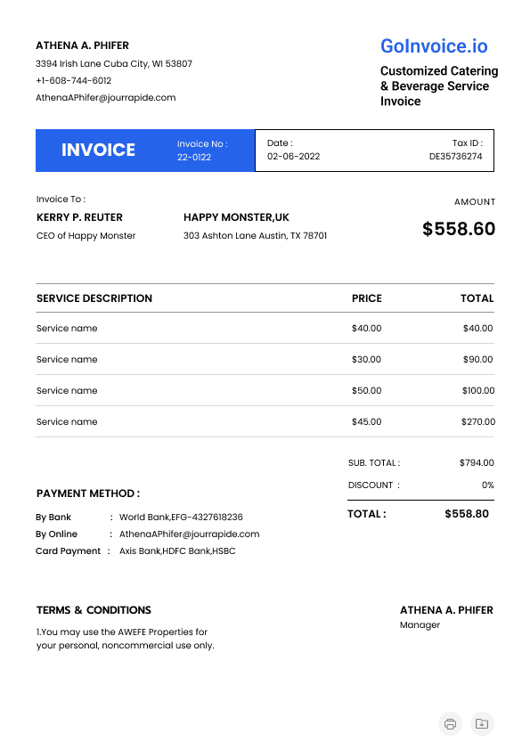 Customized Catering & Beverage Service Invoice