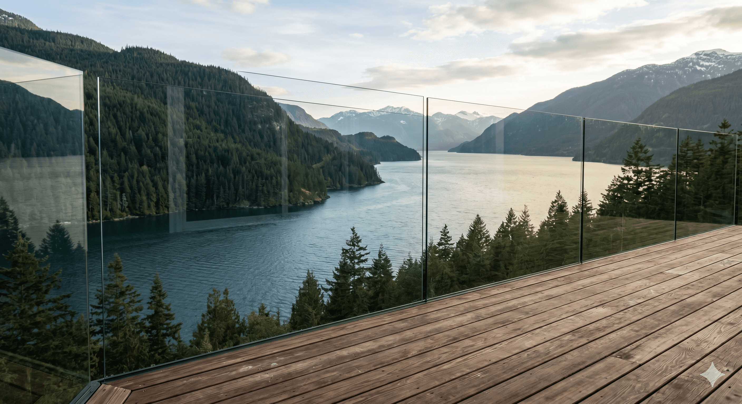 Frameless glass balcony railing preserving mountain and Howe Sound views on a Squamish home.