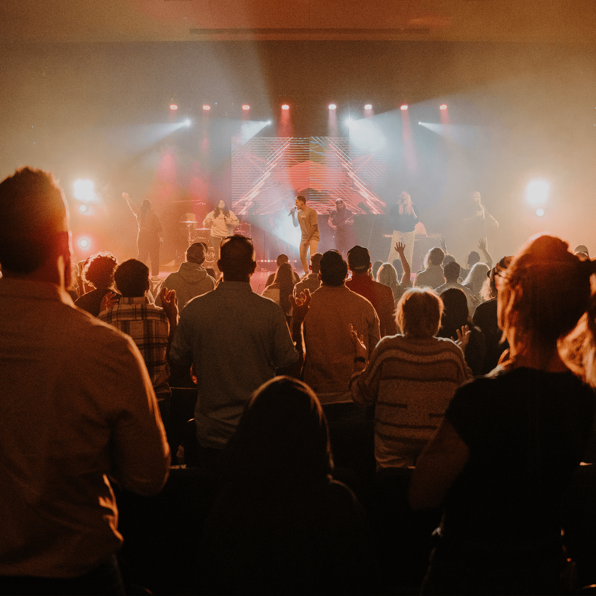 Wide view of a worship service.