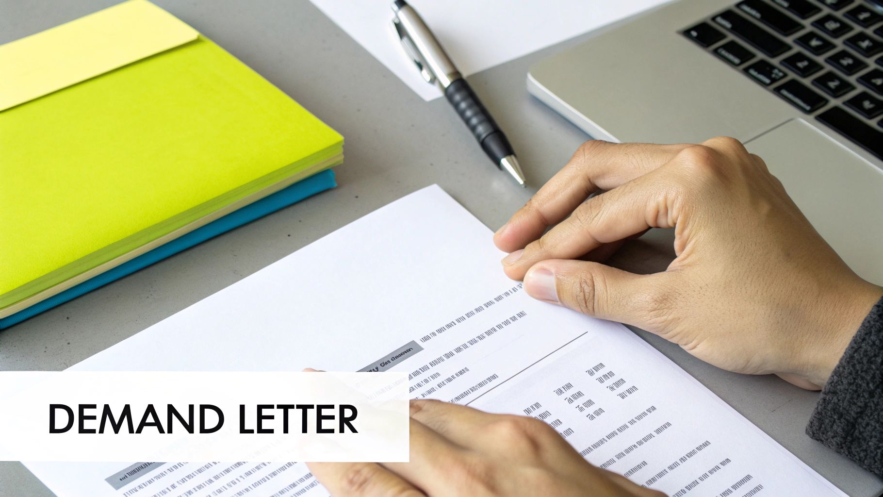 A person's hands reviewing a 'DEMAND LETTER' document on a desk with a laptop and green folders.