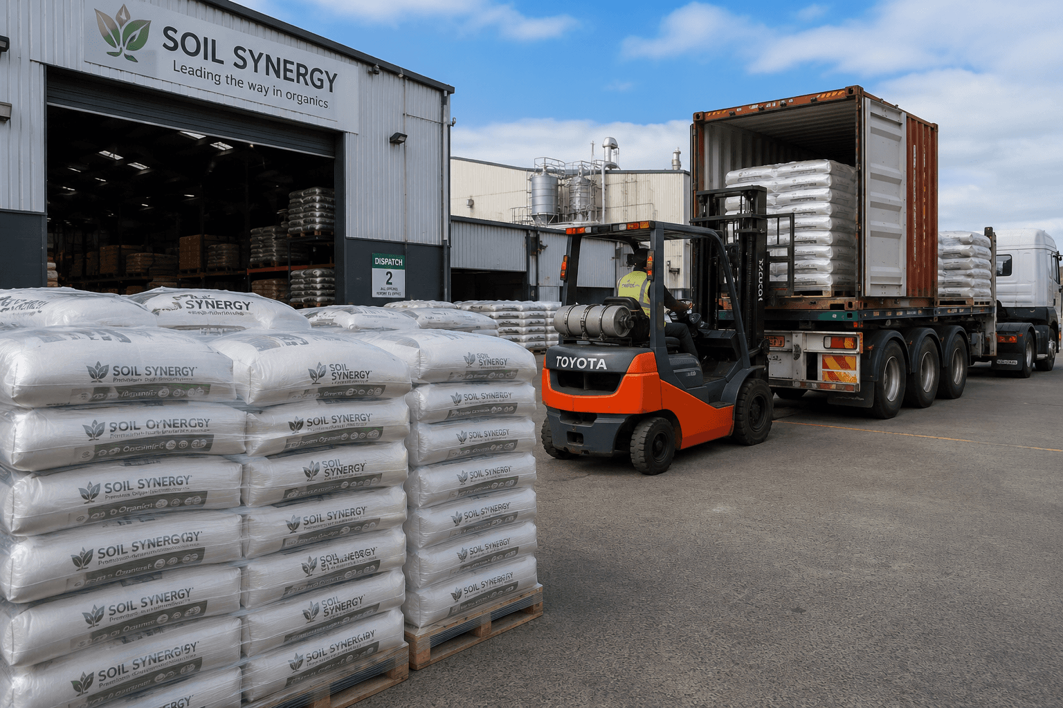 Pallets of organic fertiliser ready for distribution in a European warehouse
