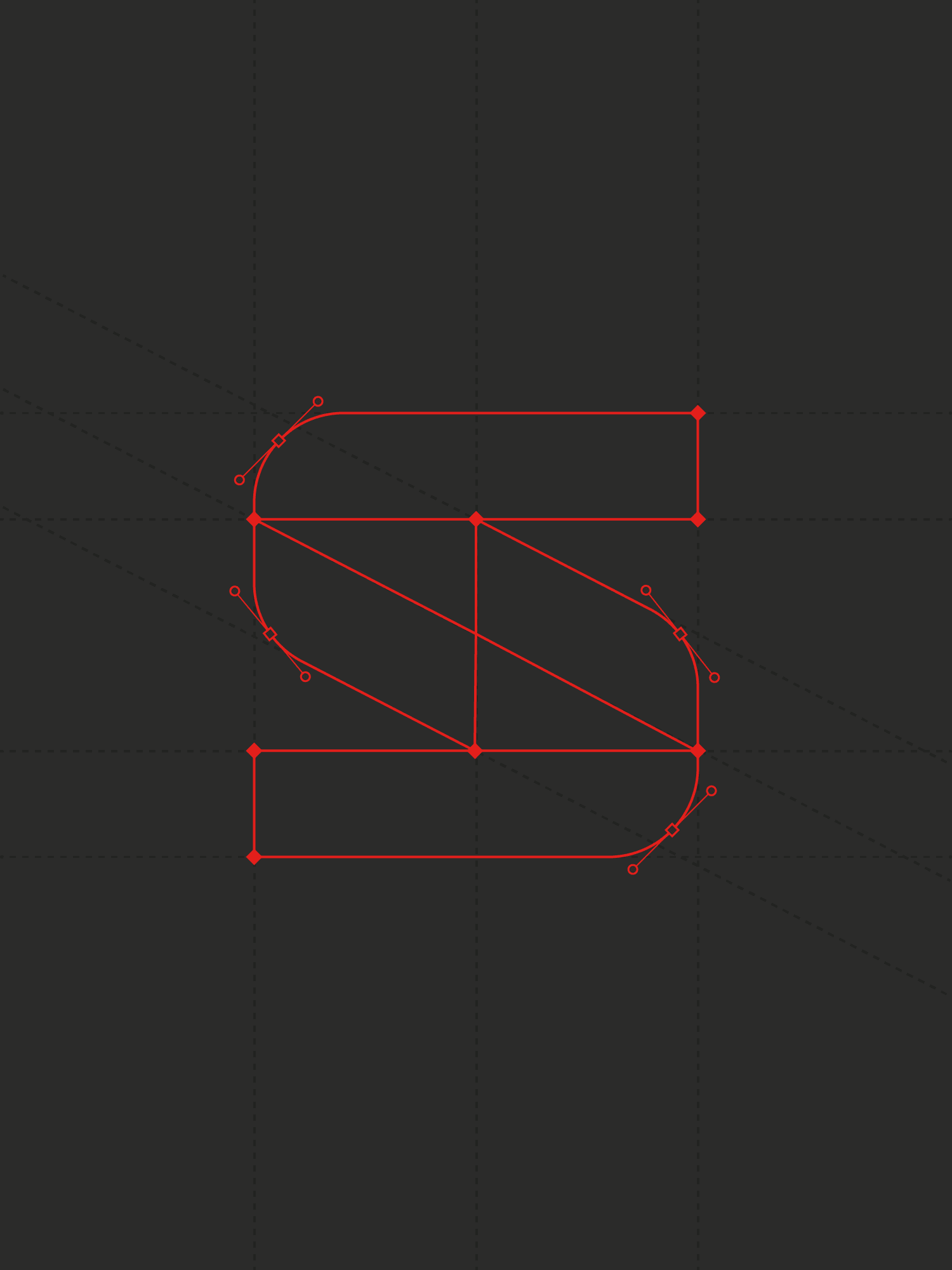 Un tracé vectoriel rouge d’un « S » stylisé, construit à partir de segments droits et de courbes de Bézier fluides, posé sur une grille sombre. Les lignes de construction mettent en évidence la structure géométrique précise du logo.