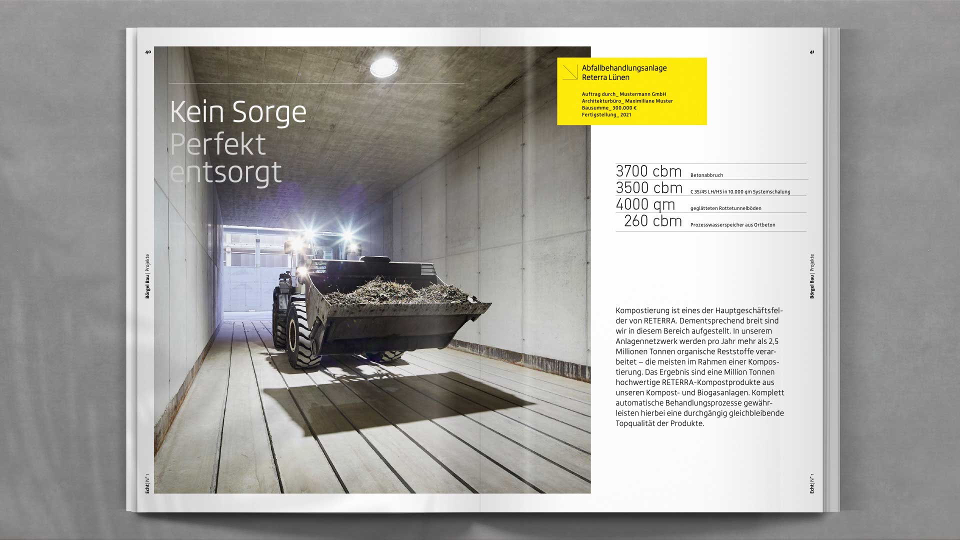 Editorial-Design-Doppelseite zum Thema Umweltbau mit Infoboxen, plakativem Bildeinsatz und typografisch sauberer Gliederung.