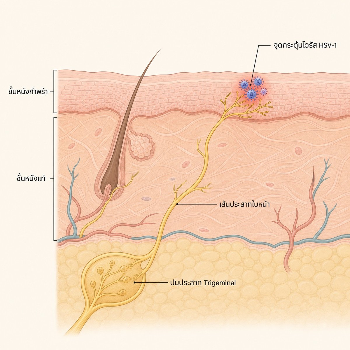 แผนภาพแสดงการซ่อนตัวของไวรัส HSV-1 ในปมประสาท Trigeminal และเส้นทางสู่ผิวหนังบริเวณปาก