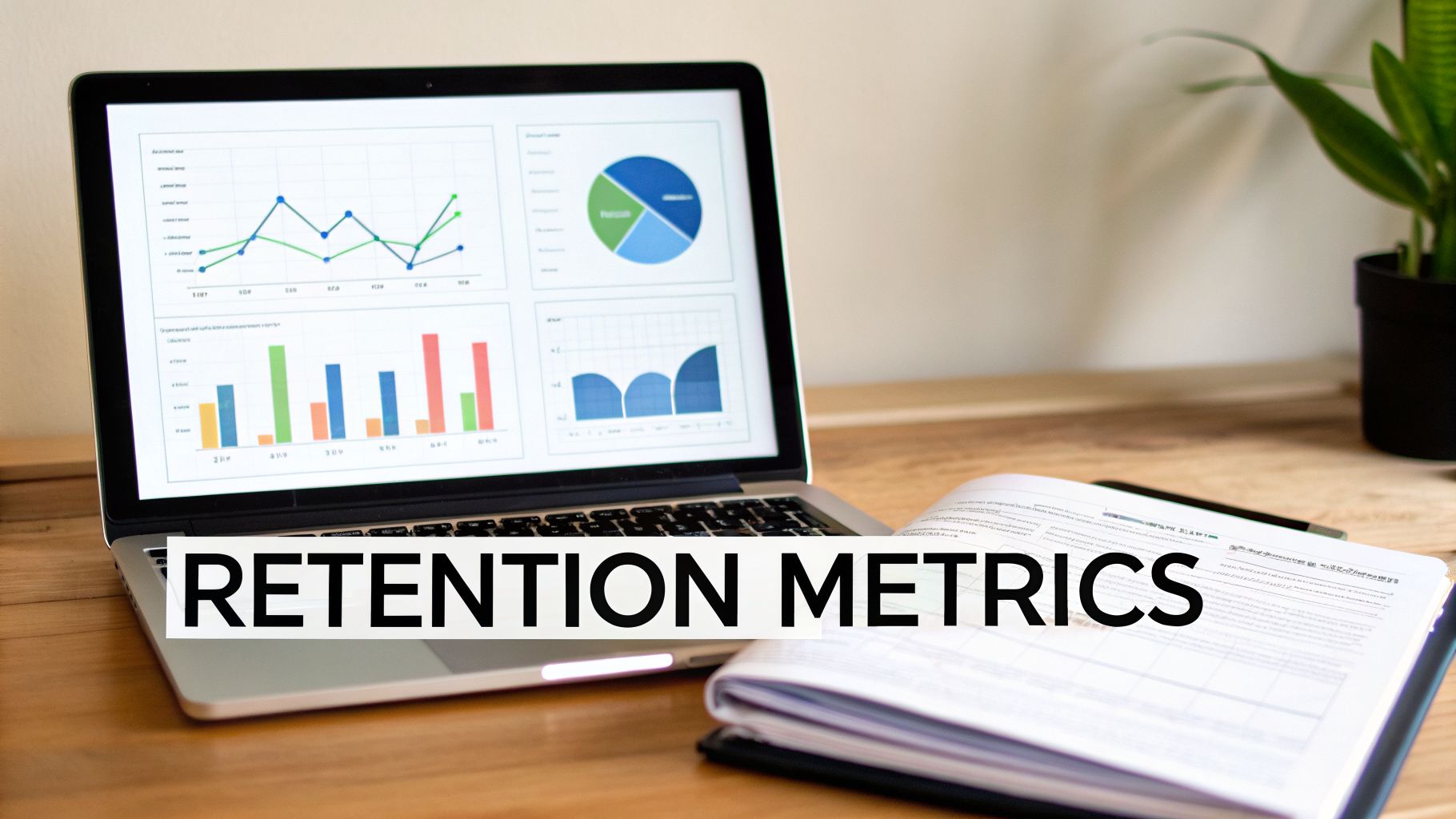A laptop screen displays various charts and graphs about retention metrics, next to an open notebook on a wooden desk.