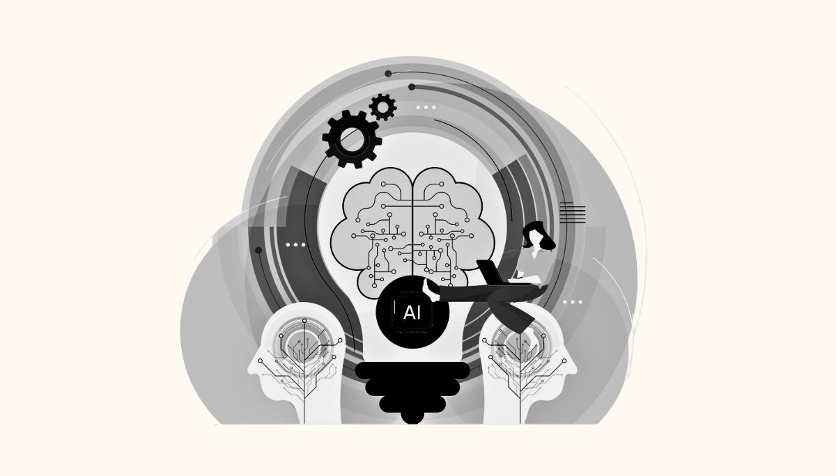 Illustration of a woman seated at a desk working on a computer, holding a paper while a large monitor behind her shows a rocket launch, surrounded by floating dollar signs, gears, paper airplanes, and a light bulb.