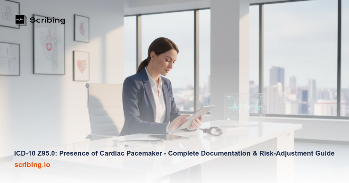 Cardiac pacemaker device with stethoscope and heart rhythm display representing ICD-10 Z95.0 documentation and coding guide for cardiologists