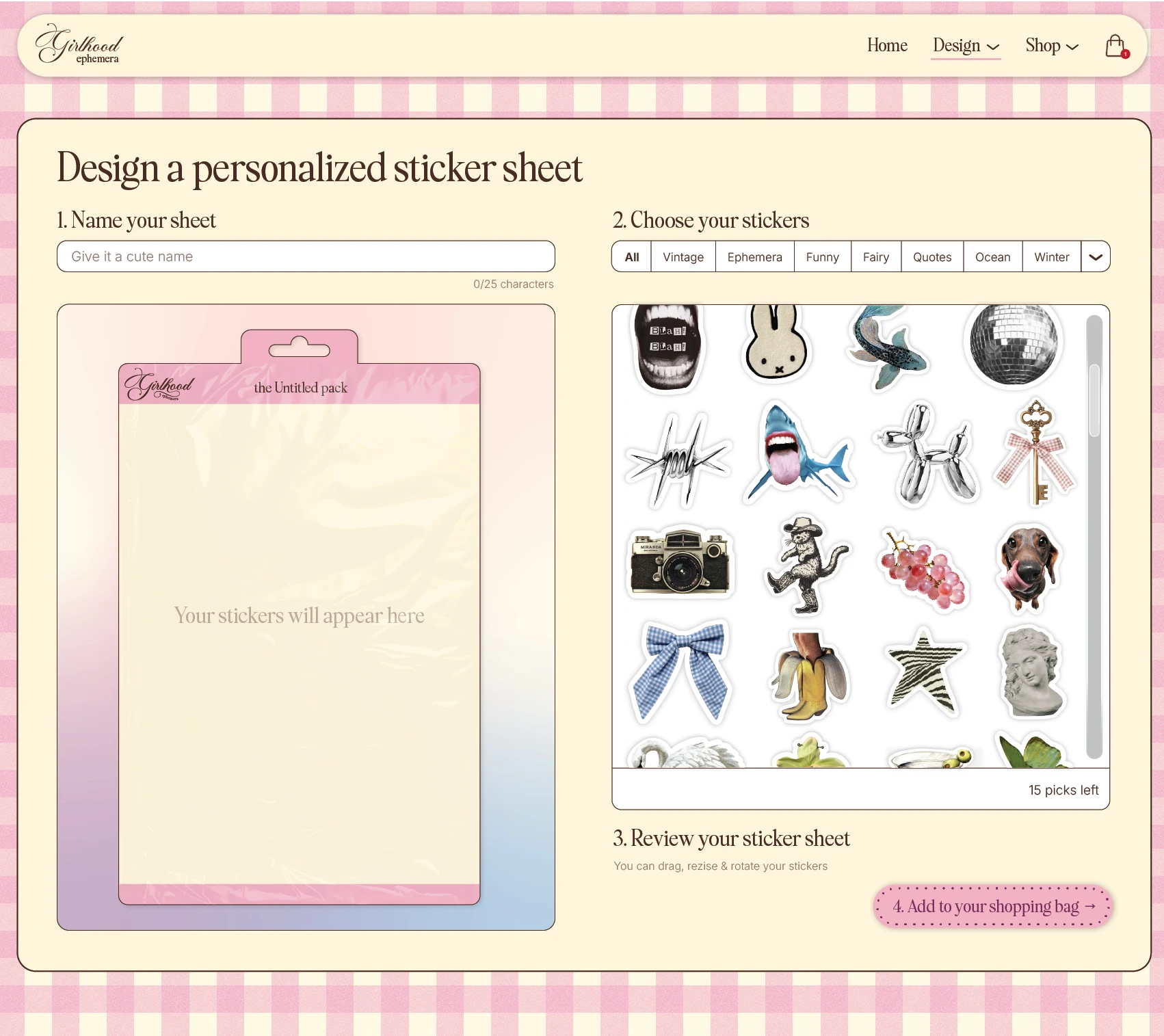 Choose stickers for your personalized sticker sheet, choosing from categories