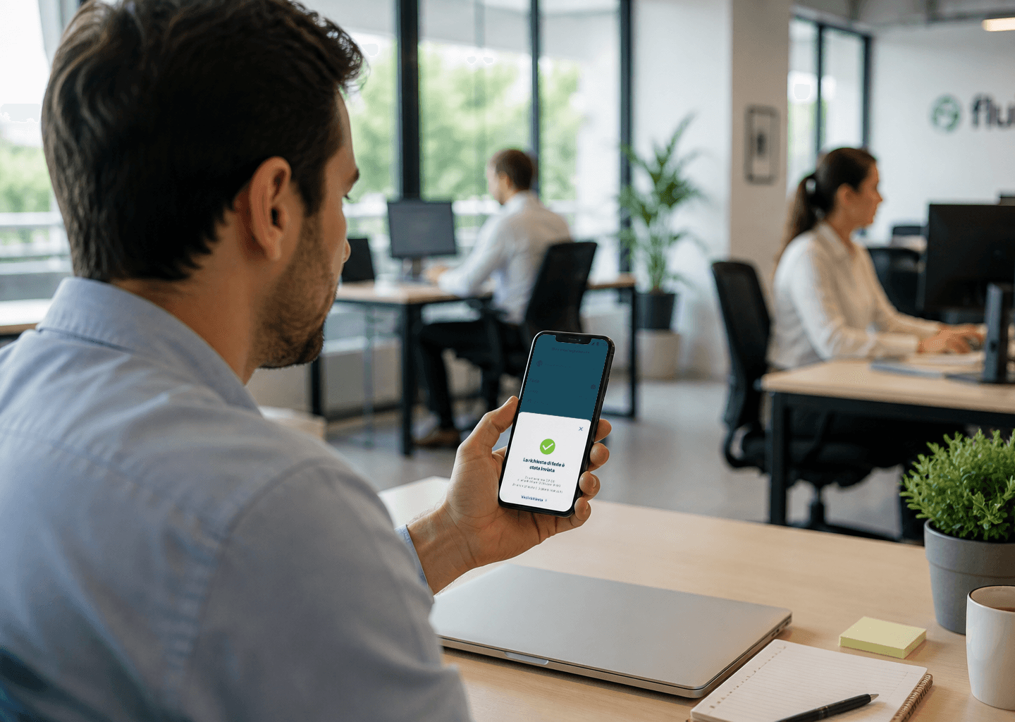 Inquadratura soggettiva di un dipendente alla scrivania che visualizza sul proprio smartphone la conferma di una richiesta di ferie approvata tramite l'app Fluida. Sullo schermo è visibile il segno di spunta verde che indica il completamento dell'operazione, eliminando scambi di email e moduli cartacei.