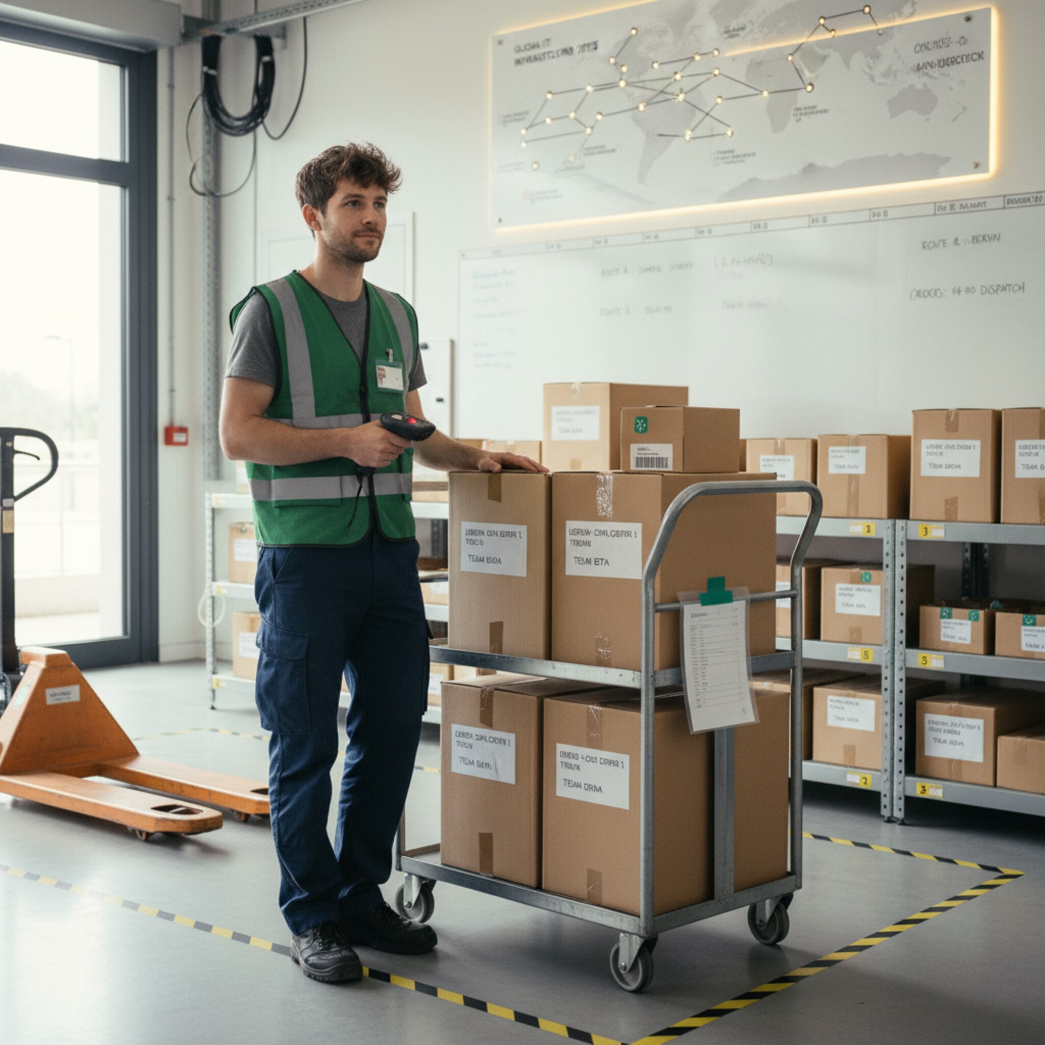 Auf einem Transportwagen stehen versiegelte Boxen mit Standortcodes und Teamlabels. Eine Person scannt einen Paketaufkleber, während weitere Boxen bereitstehen. Die Situation vermittelt fließende Prozesse zwischen Standorten und sauber dokumentierte Bewegungen. Alles wirkt verbunden, verlässlich und nachvollziehbar. Routen sind klar markiert und die Reihenfolge ist ersichtlich.