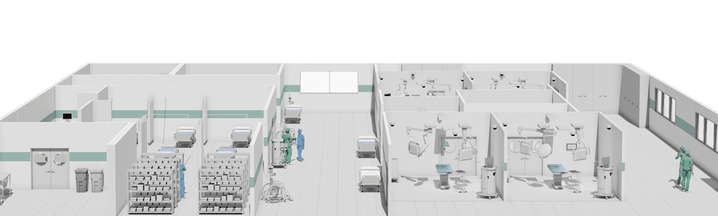 A cartoon depiction of a hospital, showing multiple operating rooms.