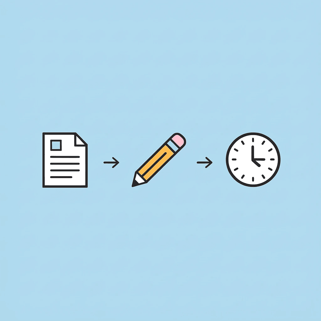 Three-step process showing documents leading to manual copying, which consumes time that could be used for strategic work